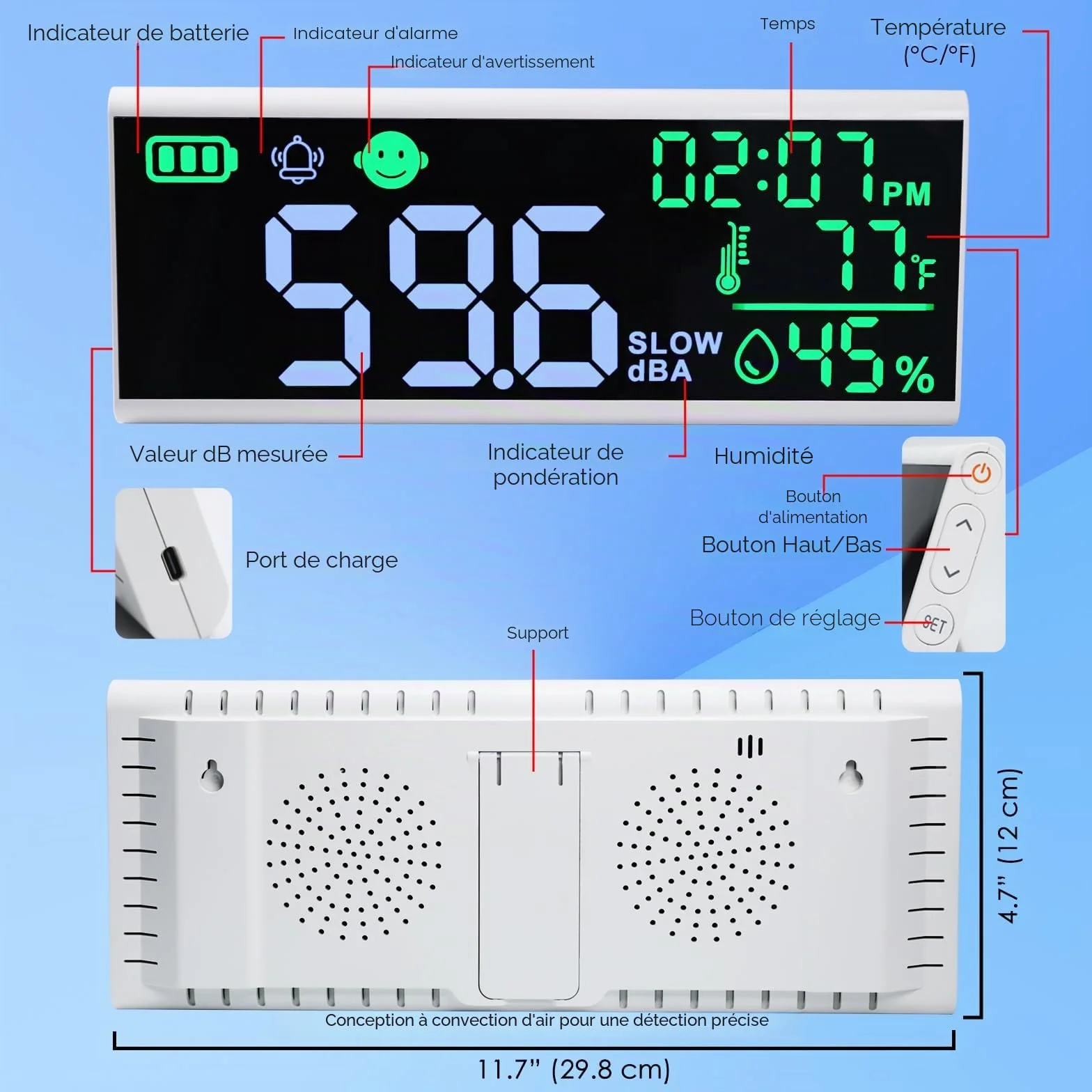 Compteur de décibels 13 pouces - Sonomètre mural et de table avec affichage LED, alarme sonore
