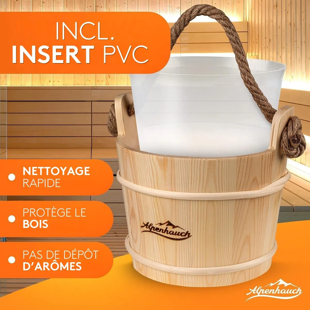 ALPENHAUCH Seau de sauna bois naturel avec cuillère, sablier, thermomètre – Set de seaux à verser