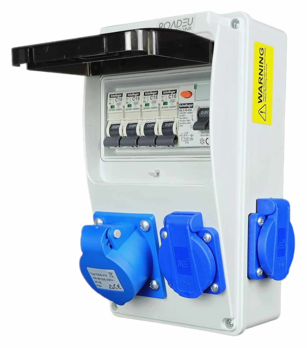 RoadEu Distributeur de courant 230V CEE 16A 3P 3 prises disjoncteur automatique 16A disjoncteur différentiel atelier