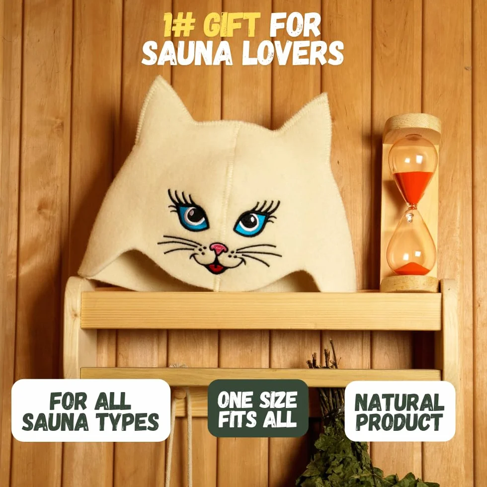 Chapeau de Sauna 'Sauna Kitten Cat' Blanc - 100% Feutre de Laine Biologique - Protège Tête de la Chaleur