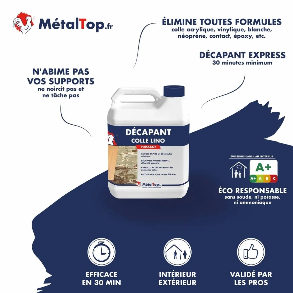 Decapant Colle Lino 5 L Metaltop - Efficace sur colles tenaces PVC et vinyle, spécial sols béton