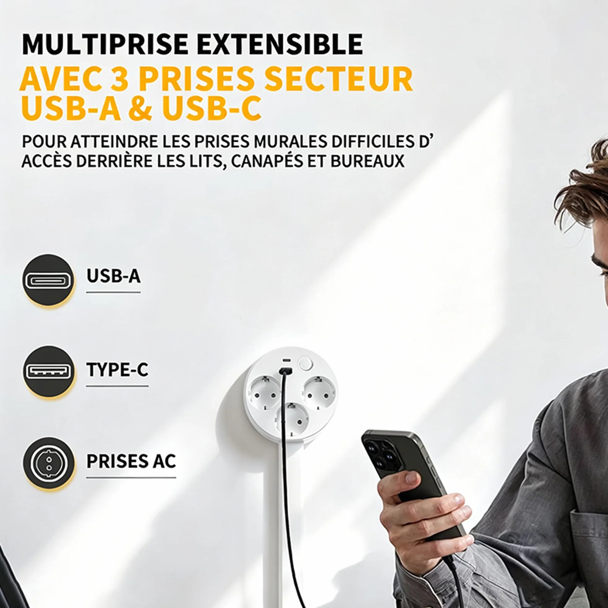 Multiprise Extensible et Pivotante 3 Prises USB-A Type-C 5V/2.1A Tige Réglable 47-67 cm Rotation 360°
