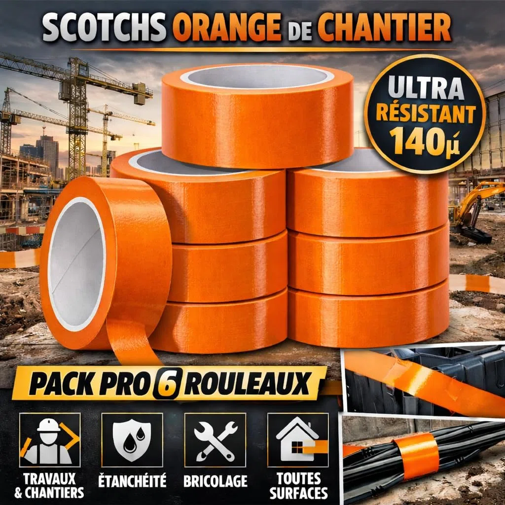 Scotchs Orange de Chantier PVC 6 Rouleaux Ruban Adhésif 0,50 cm x 33 m Ultra résistant 140 µ