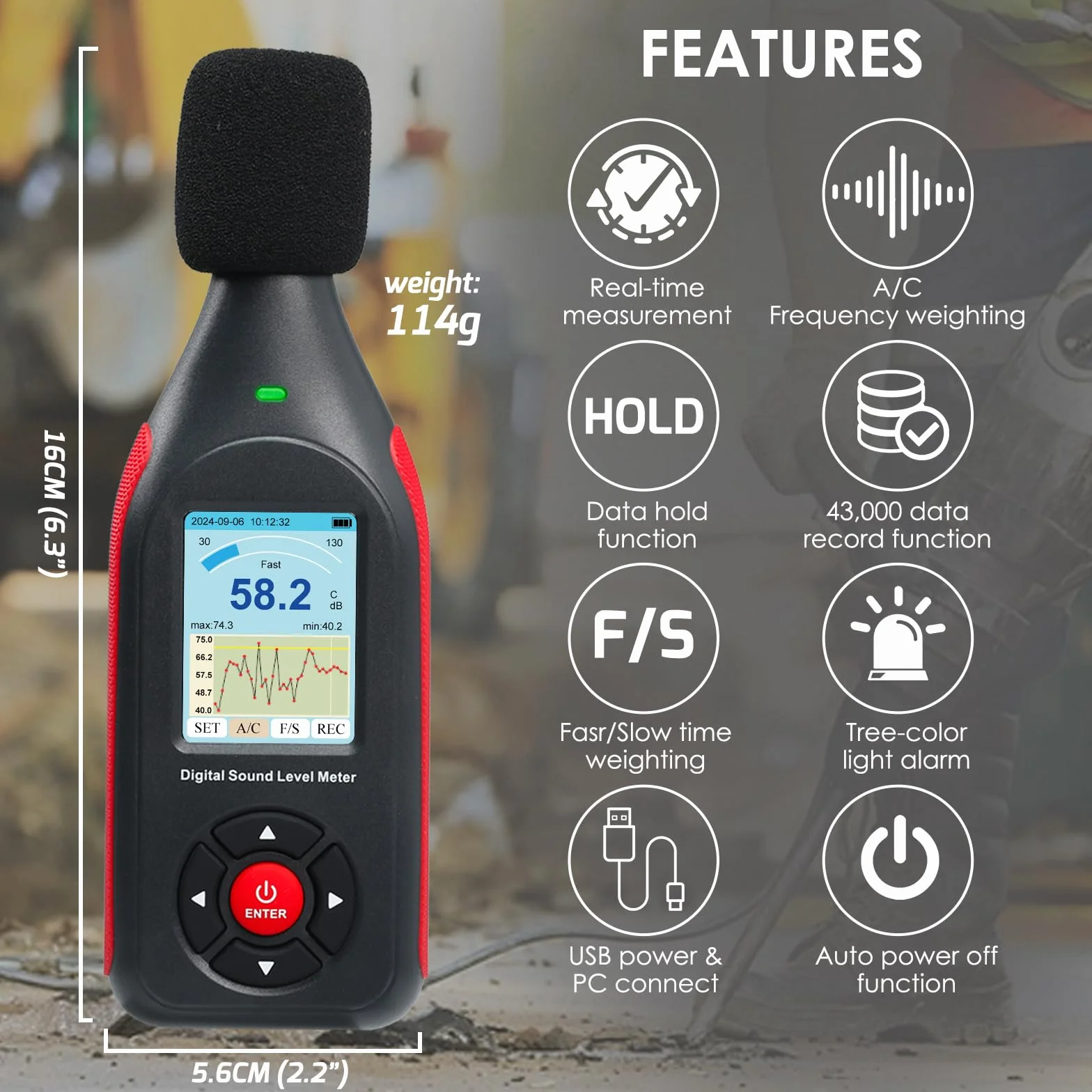 Décibelmètre numérique avec enregistreur de données, niveau sonore rechargeable, fréquence A/C, sortie CC