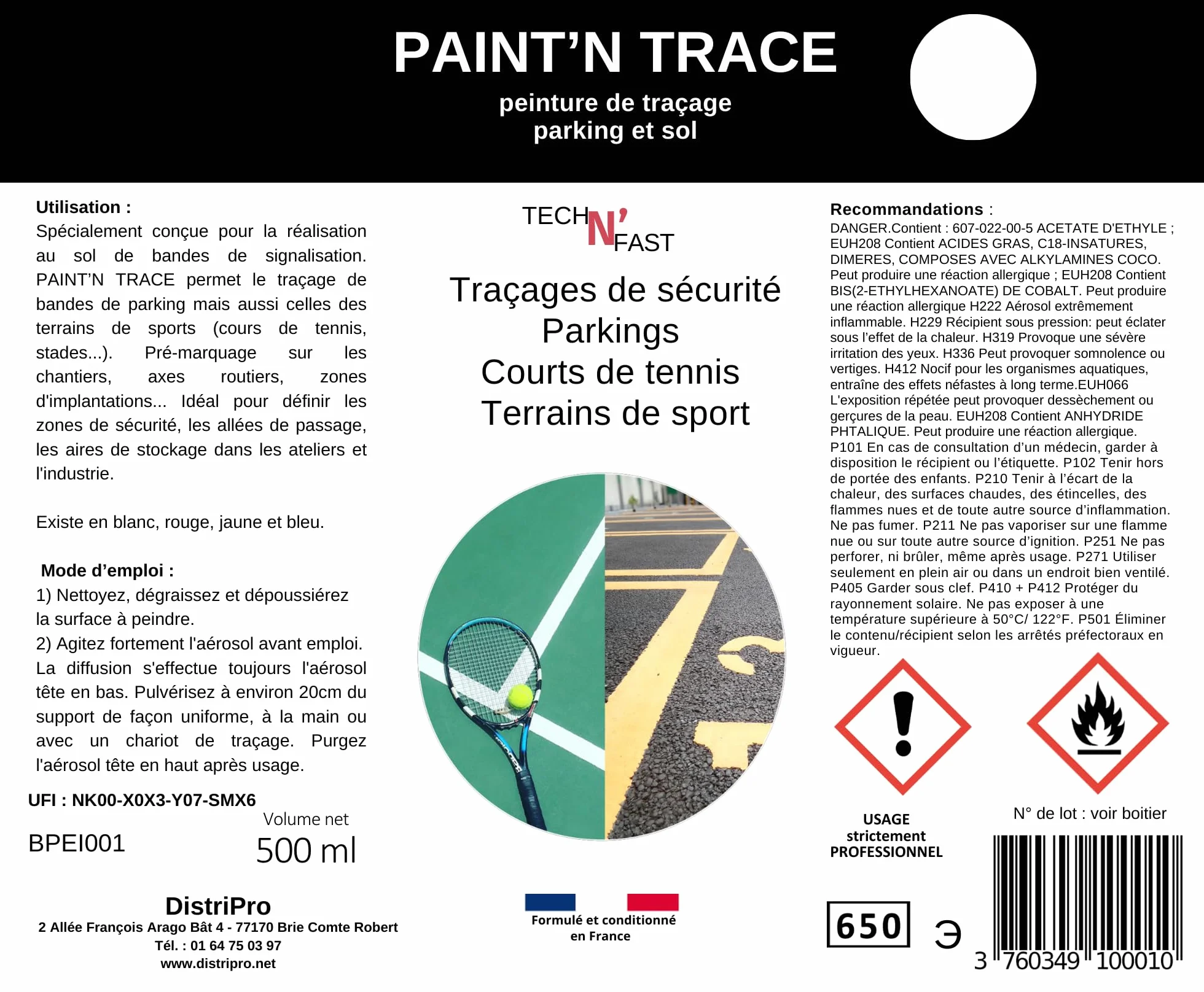 Peinture de traçage blanche 500ml Lot de 3 bombes Tech'N'Fast PAINT'N TRACE