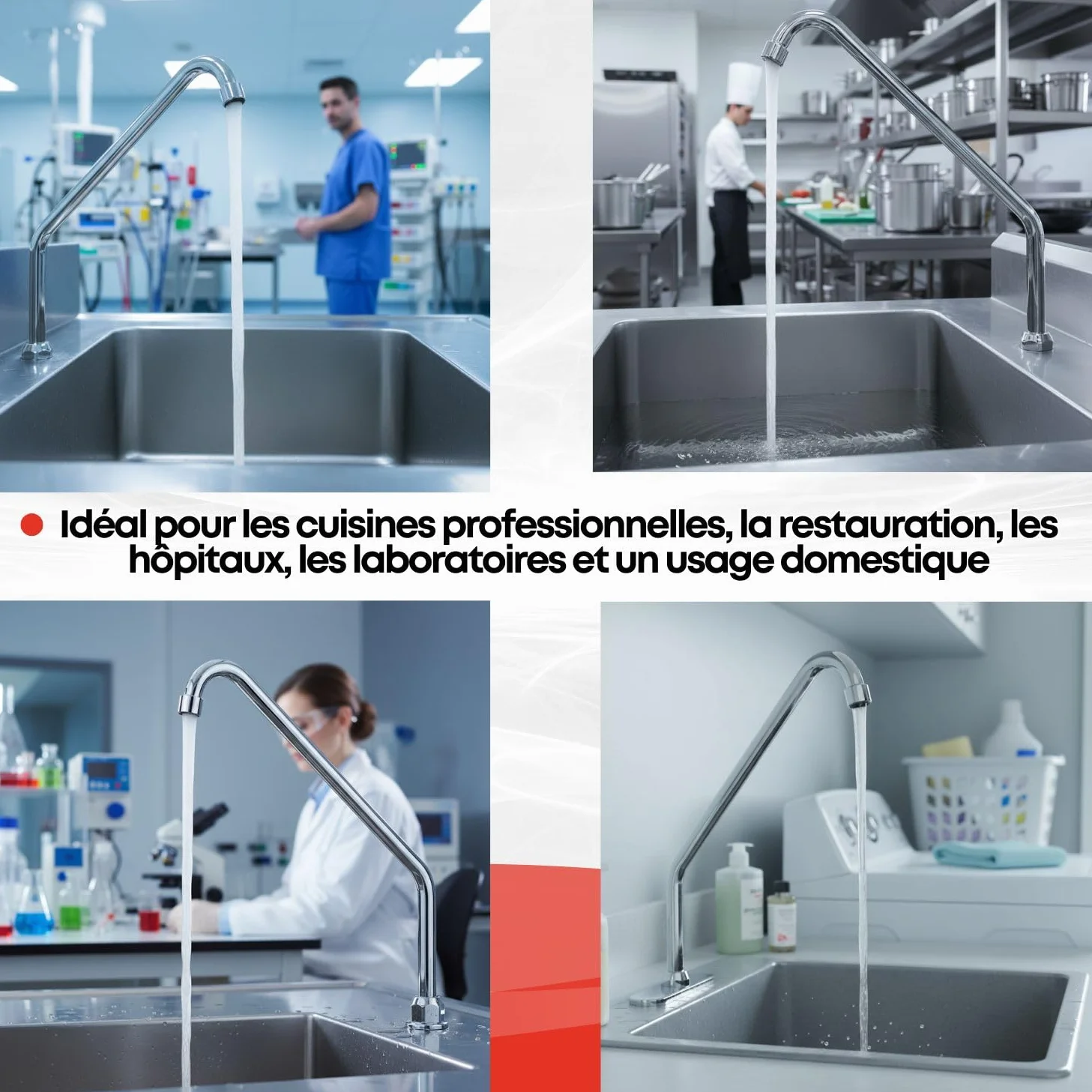 Bec haut rotatif avec aérateur pour robinet à pédale de cuisine industrielle – Col de cygne chromé en acier inoxydable