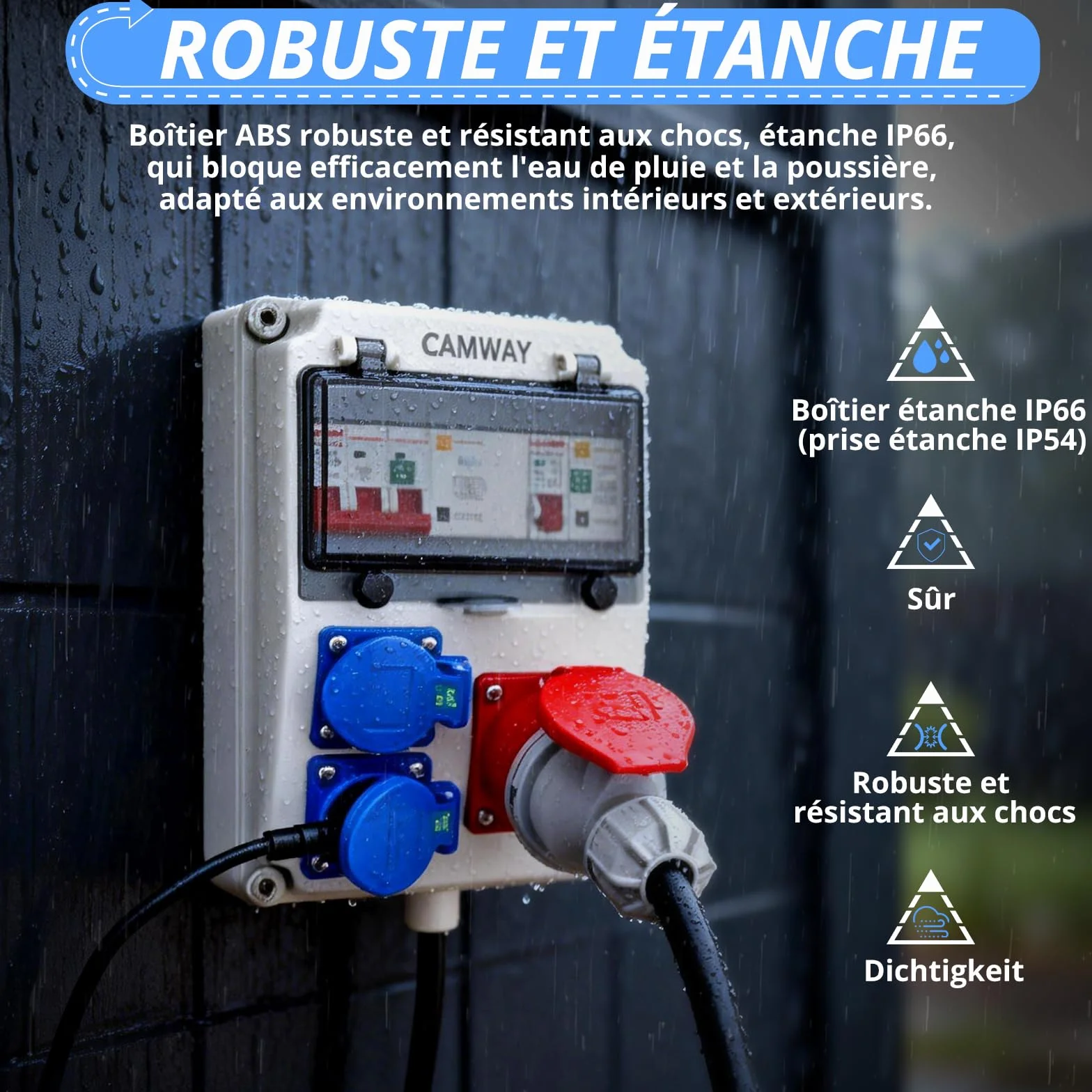 CAMWAY Coffret Électrique de Chantier IP66 2 Prises Schuko 1 CEE16A Disjoncteur FI+LS