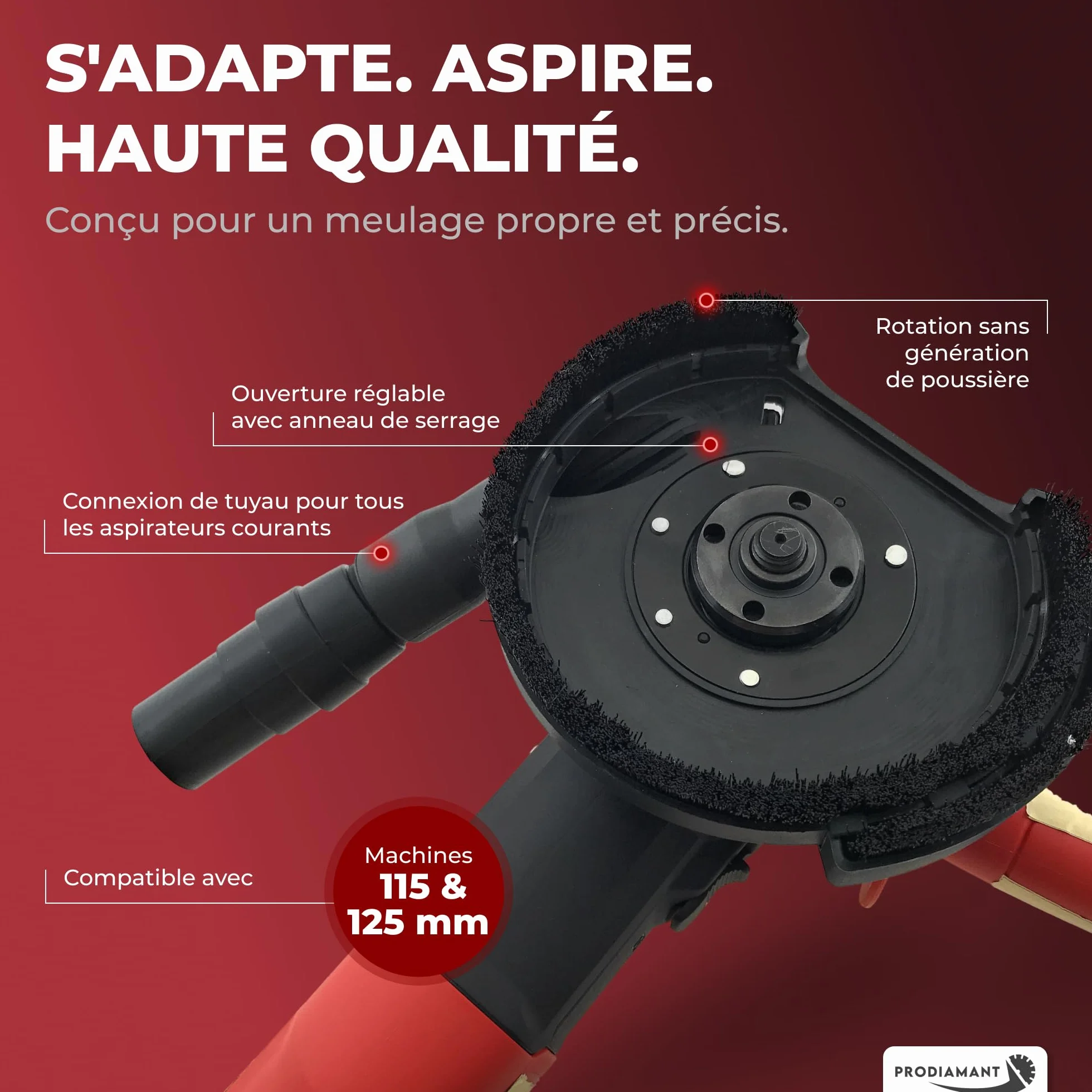 PRODIAMANT Kit capot d’aspiration avec brosses pour meuleuse d’angle 125 mm