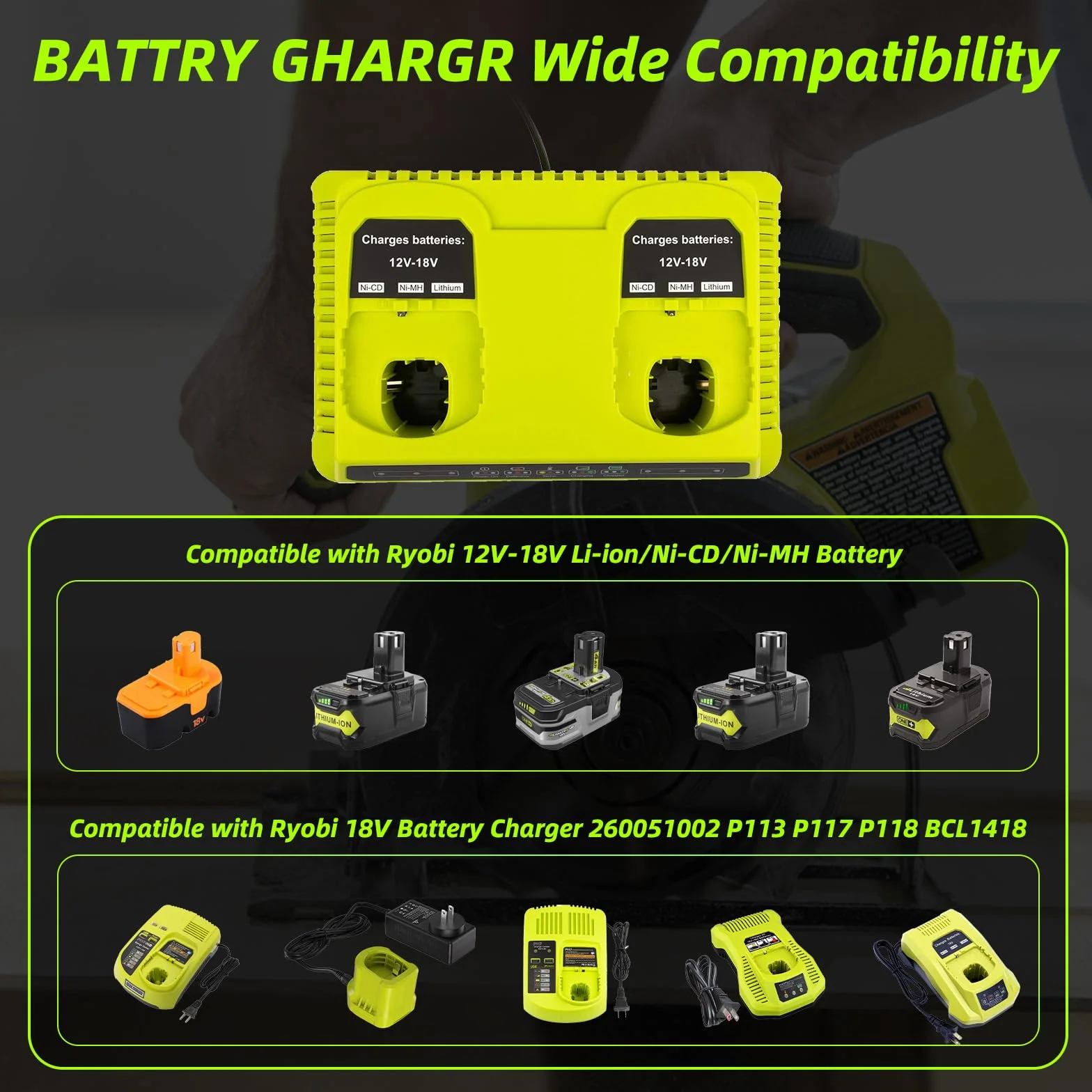Batteries 5500mAh 2x pour Ryobi 18V One+ et Chargeur Double Port Compatibles P108 RB18L50