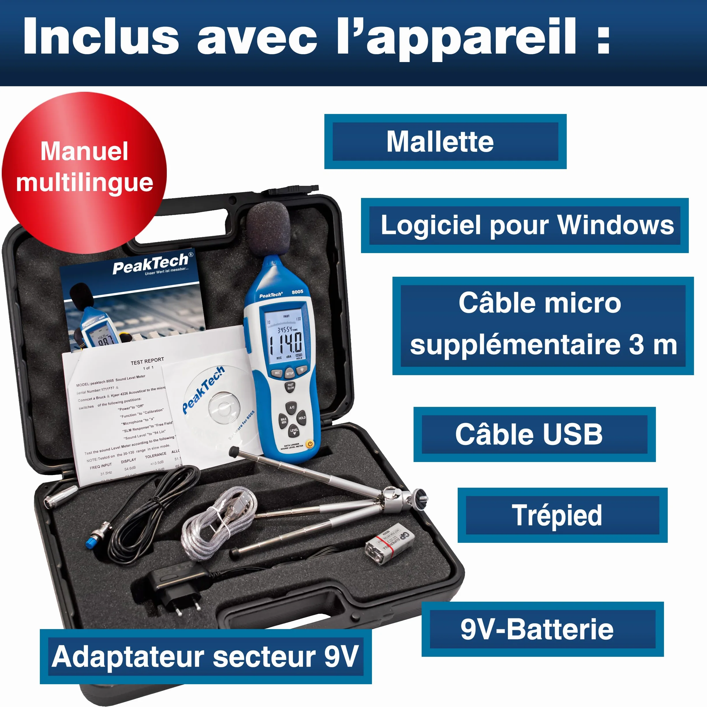 PeakTech 8005 Sonomètre de Classe 2 32000 counts 30-130 dB avec Mémoire et Interface USB