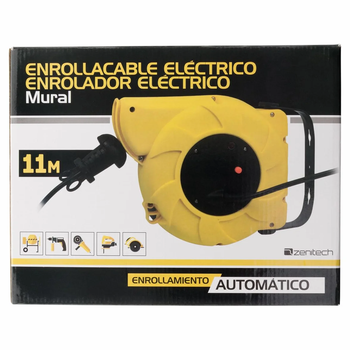Zenitech Enrollador de Cable Eléctrico de Pared Schuko 11m HO5VV-F 3G1,5mm² 2300W Recogida Automática