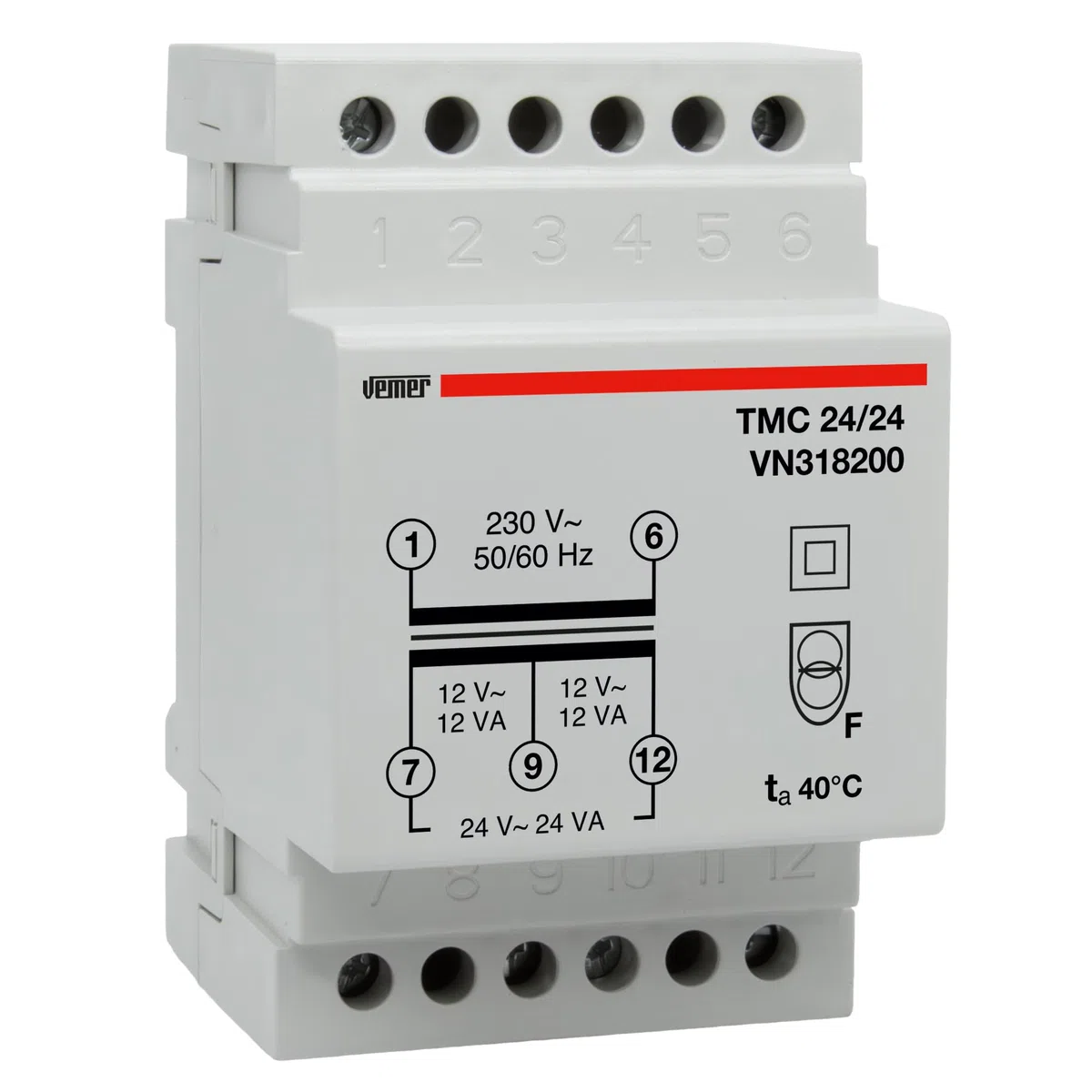 VEMER VN318200 TMC 24/24 Transformateur 24V 230V 12-24V 24VA Rail Din Blanc