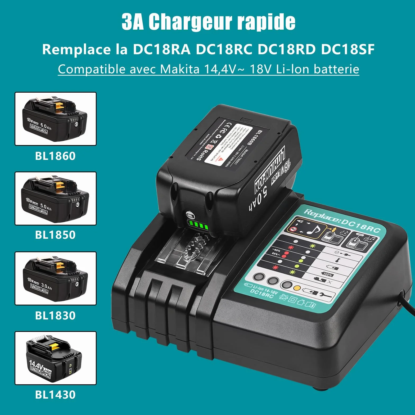 Makita Batterie de rechange 18V 5,0Ah Li-ion 2 pièces compatible BL1850B BL1850 BL1860B BL1860 LXT-400