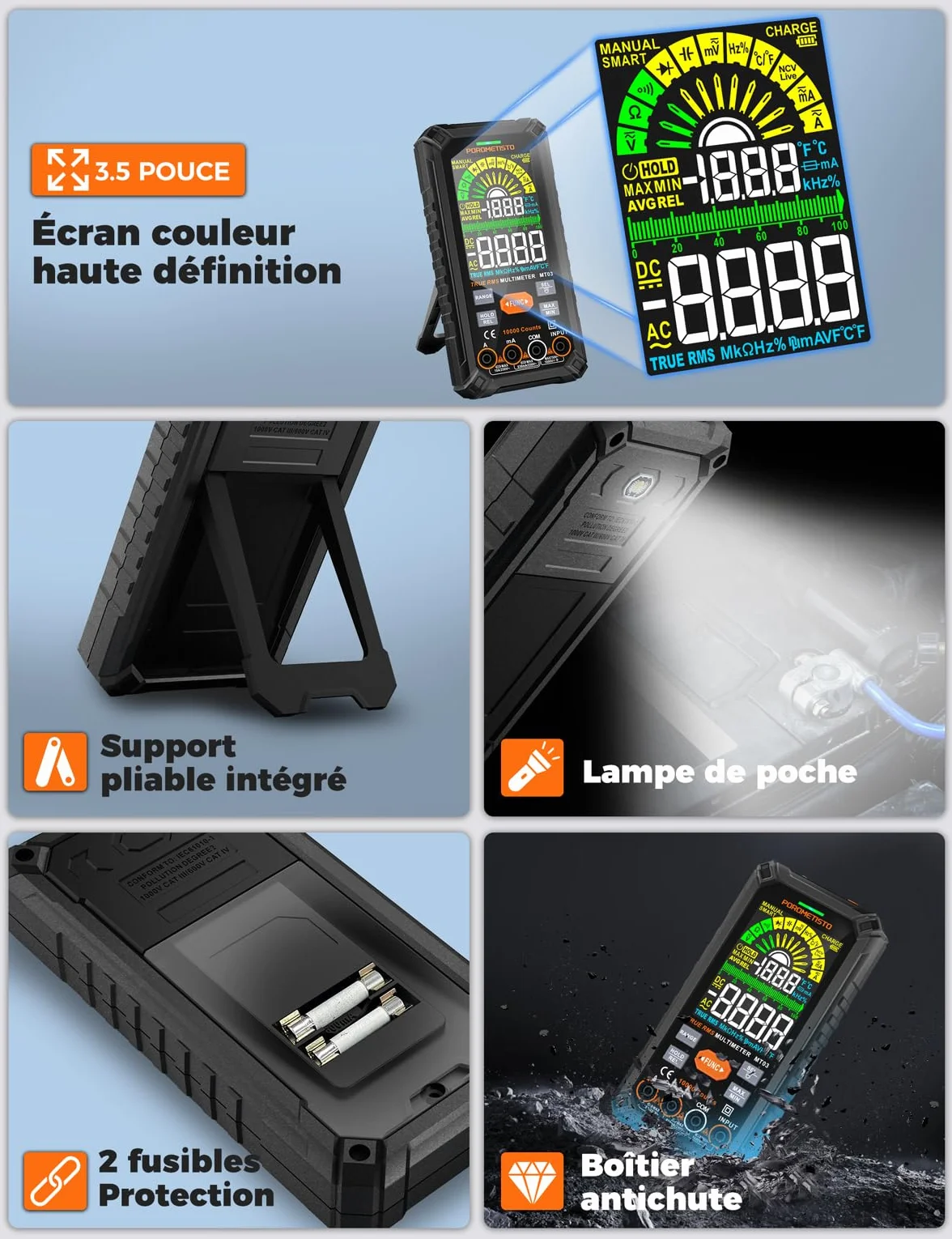 POROMETISTO Multimètre Numérique 10000 Comptes 750V CA 1000V CC Automatique Rechargeable