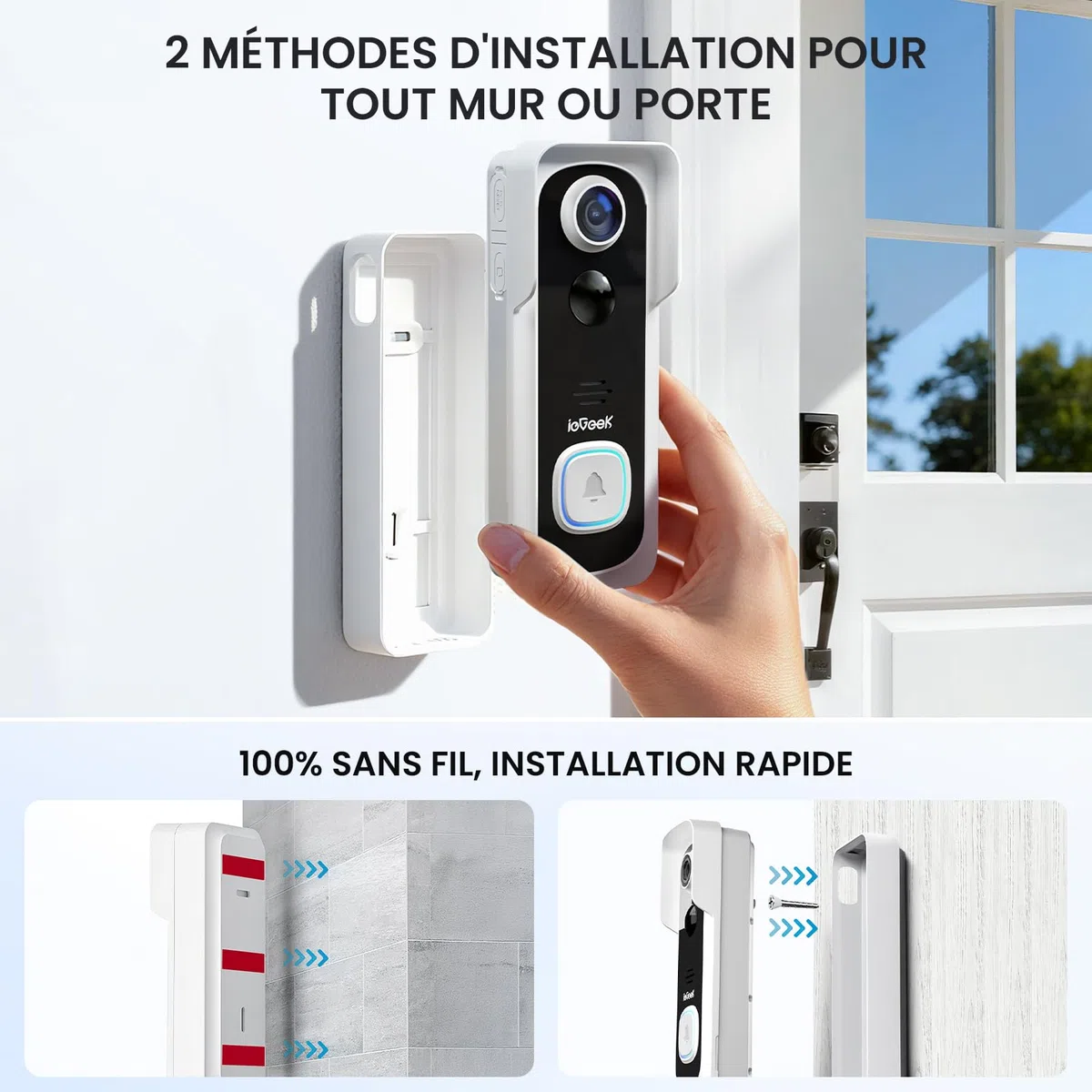 ieGeek 2K Sonnette sans Fil Exterieur Etanche Caméra Compatible Alexa Détection IA IP66 WiFi 2.4 GHz Blanc