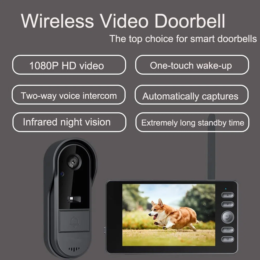 Sonnette sans Fil avec Caméra Extérieure Écran 4.3" Visiophone Vidéo Interphone sans WiFi Vision Nocturne