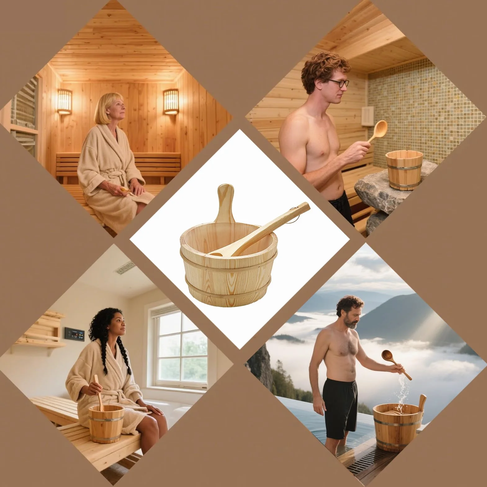 Seau à sauna en bois 4 l avec longue cuillère - Accessoires de bain