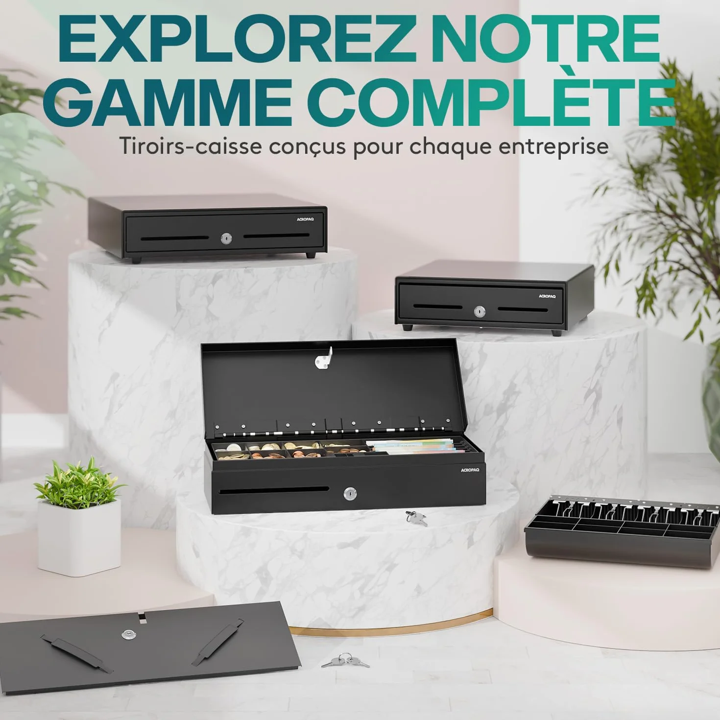 ACROPAQ Tiroir caisse métal robuste 42 x 41 x 10 cm 8 cases pièces 4 billets sans courant