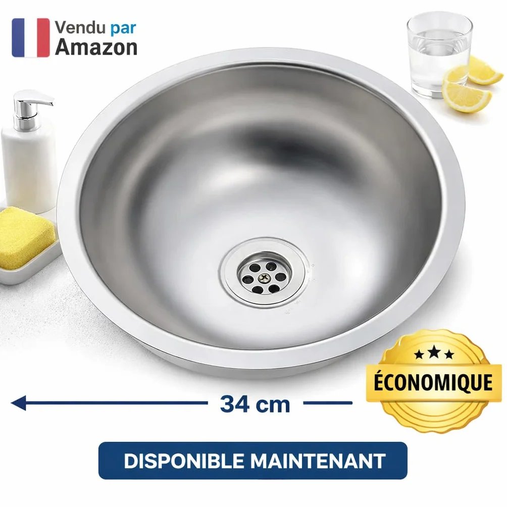 Évier Rond Inox Ø34 cm Cuisine Camping Caravane Sans Trou Robinet