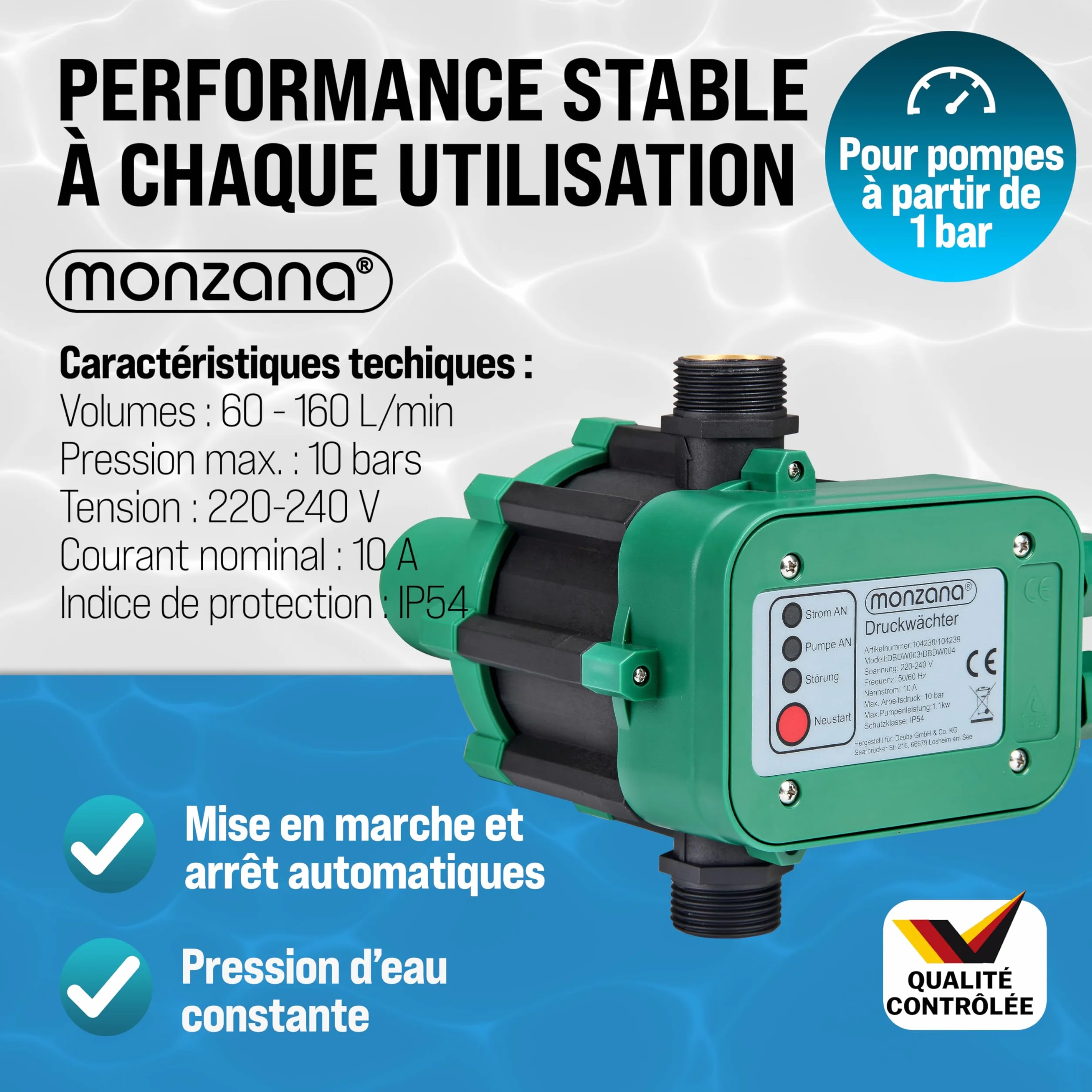 MONZANA Pressostat pompe eau 10 bar protection fonctionnement à sec contrôleur pression