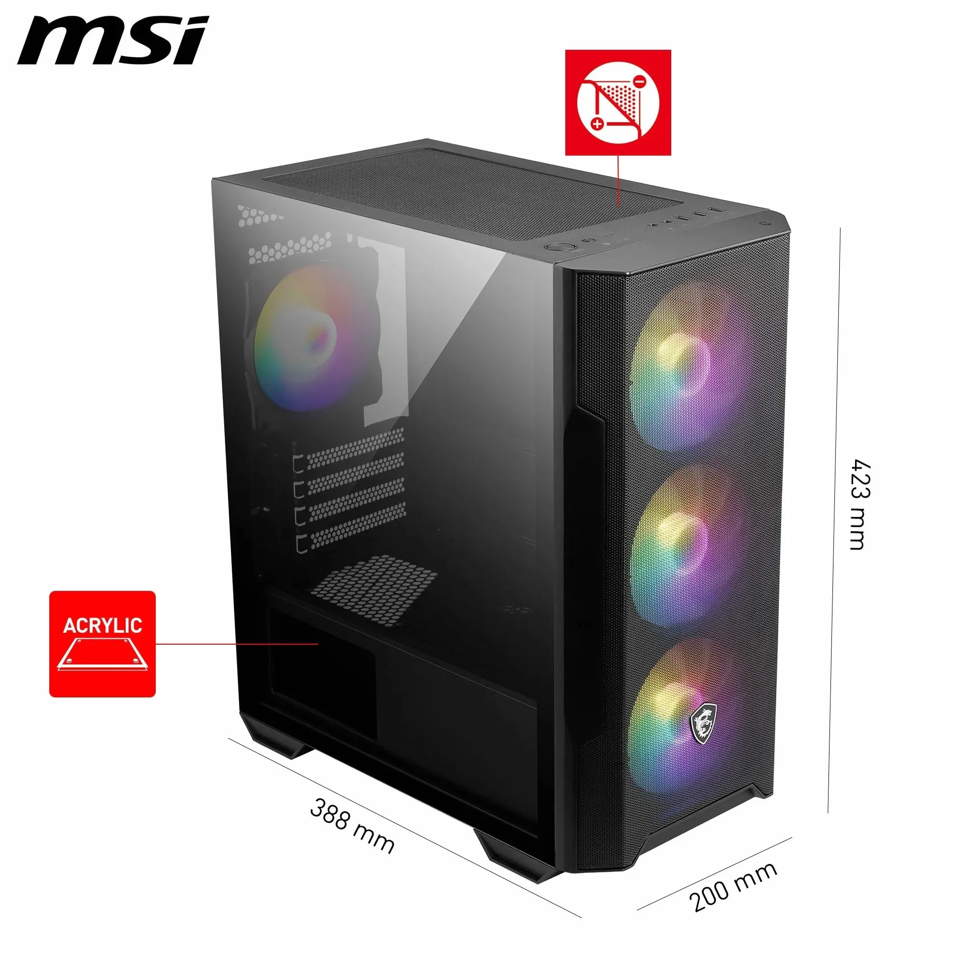 MSI MAG Forge M100A Boîtier PC Mini-Tour, Verre trempé, Micro-ATX/Mini-ITX, Panneau Avant Maille, 4 Ventilateurs Auto-RGB 120mm, Filtre Anti-poussière magnétique