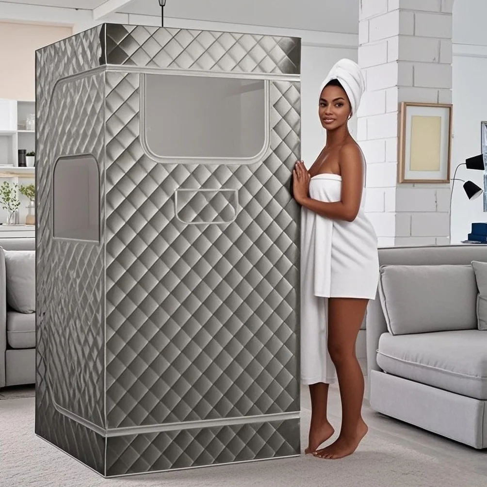 HOMASIS Sauna à Vapeur Portable 3L avec Générateur, Télécommande, 9 Niveaux de Température, Chaise Pliante Gris