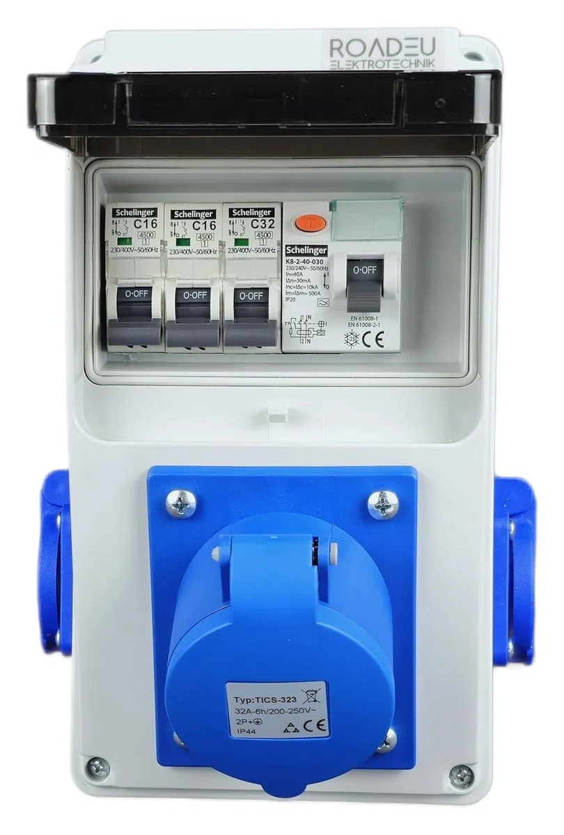 RoadEu Distributeur de courant 230V Prise monophasée CEE 32A 3P Répartiteur de prises avec disjoncteur différentiel