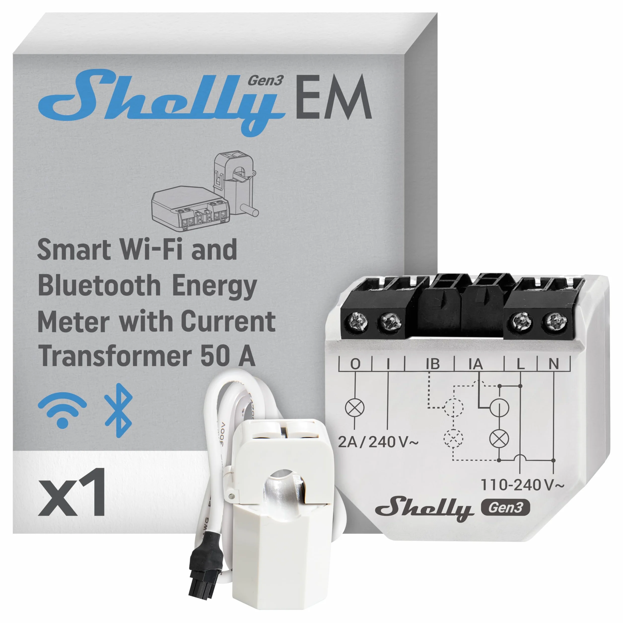 Shelly EM Gen3 Pince 50A Compteur d’énergie Wi-Fi monophasé deux canaux interrupteur intégré horaires stockage données commande à distance