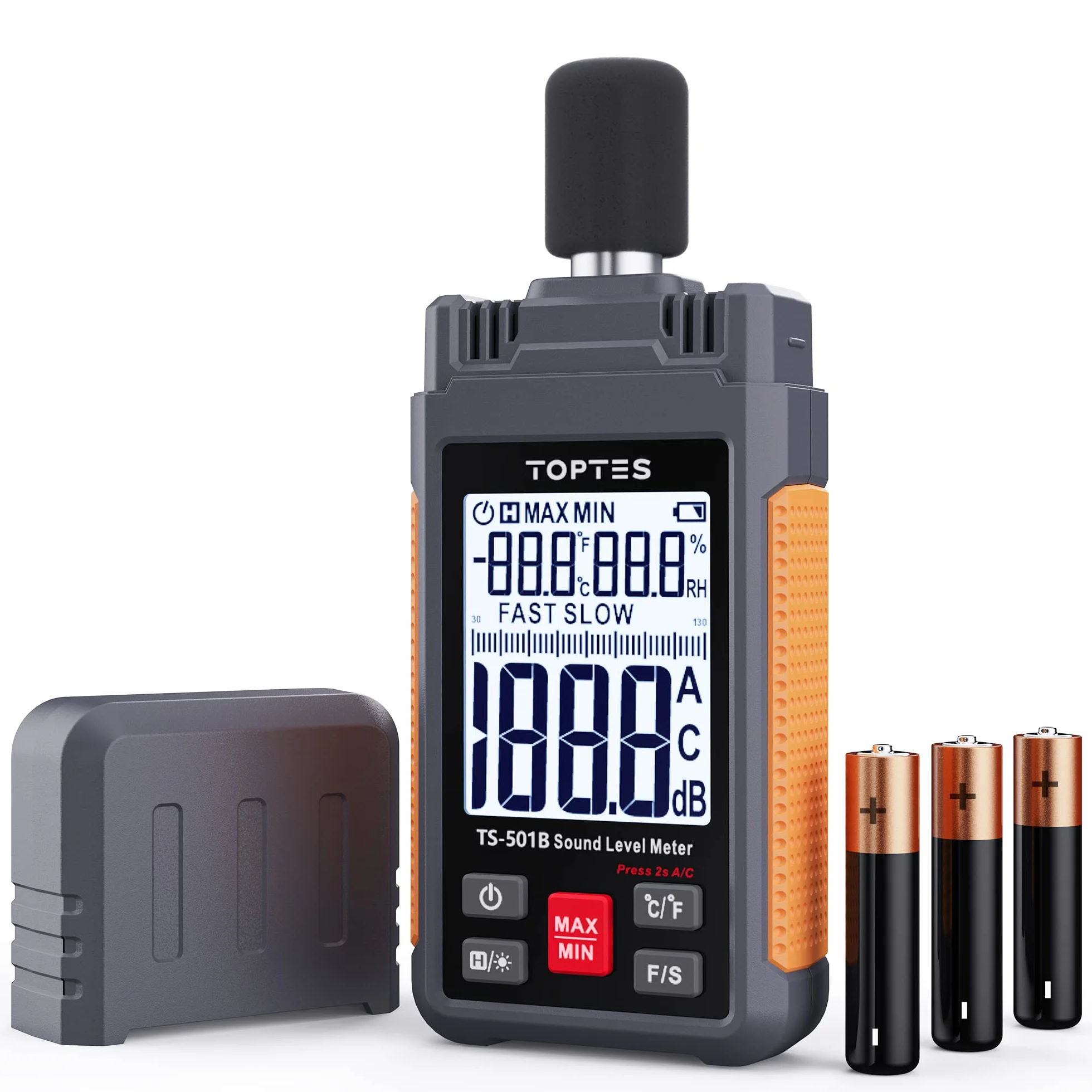TopTes TS-501B Sonomètre Décibelmètre LCD rétroéclairé 2,25 pouces 30-130 dB pondéré A/C MAX/MIN Orange