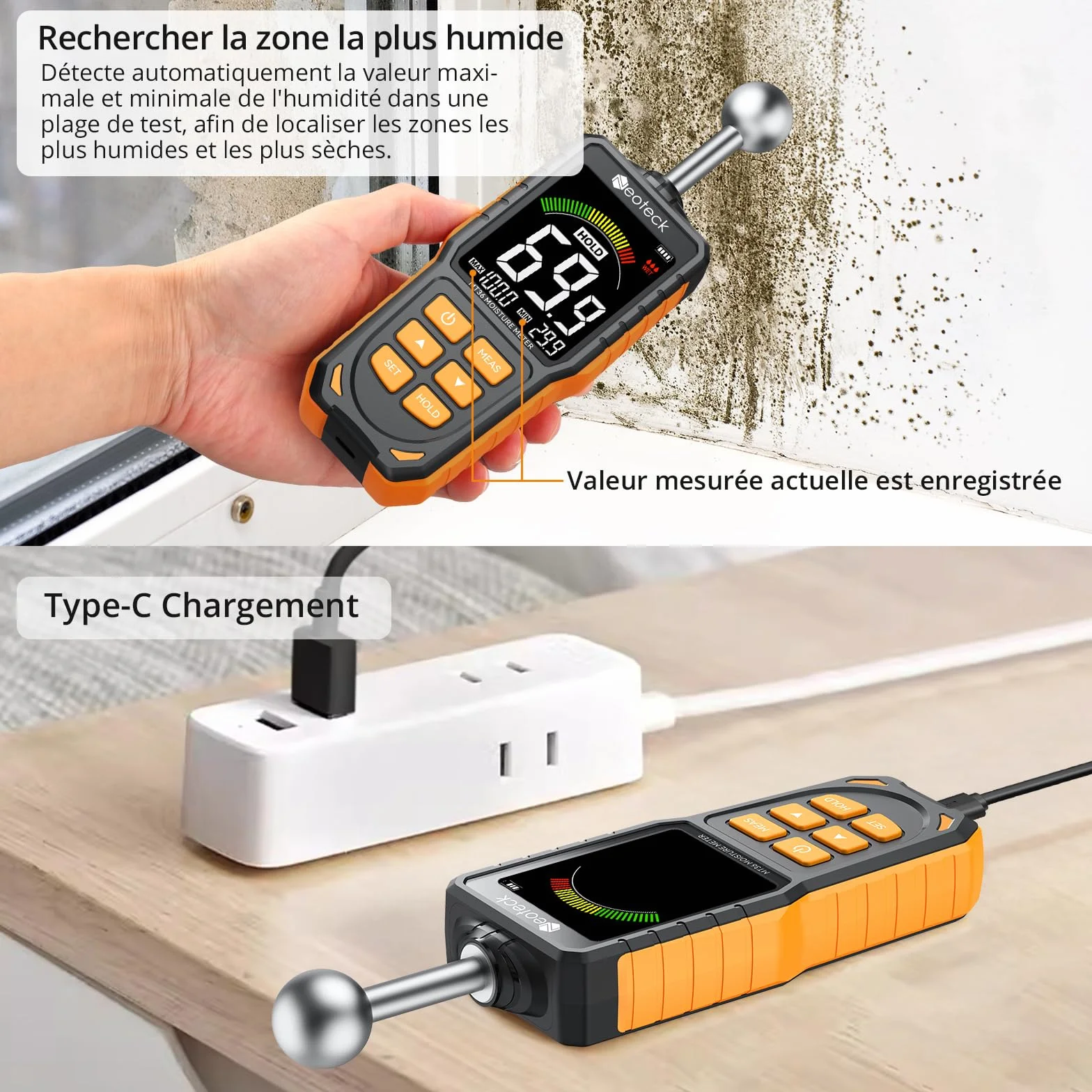 Neoteck Humidimètre Non Destructif USB Rechargeable Profondeur 5-40mm Détecteur Humidité avec Alarme Sonore pour Murs Bois Béton