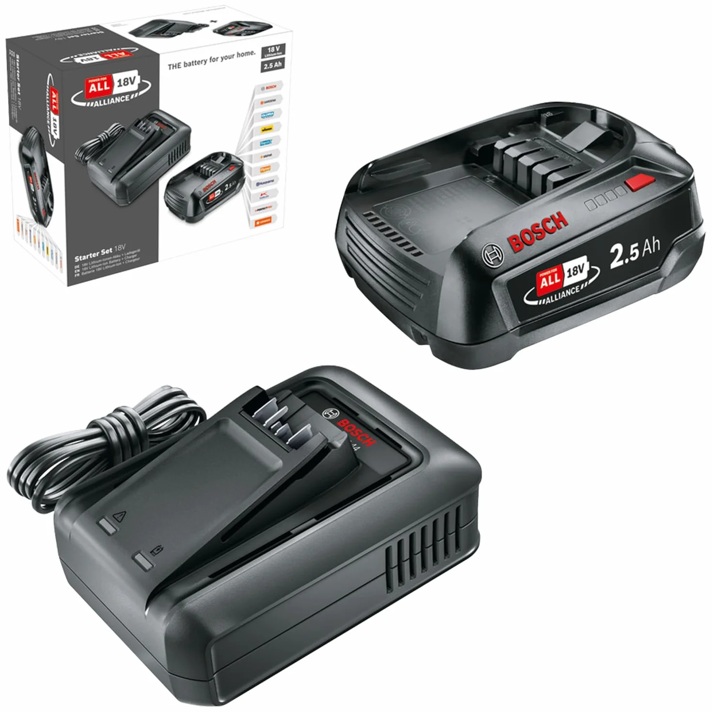 Bosch Starter Set 18V batterie et chargeur rapide Lithium-Ion 2,5 Ah POWER FOR ALL