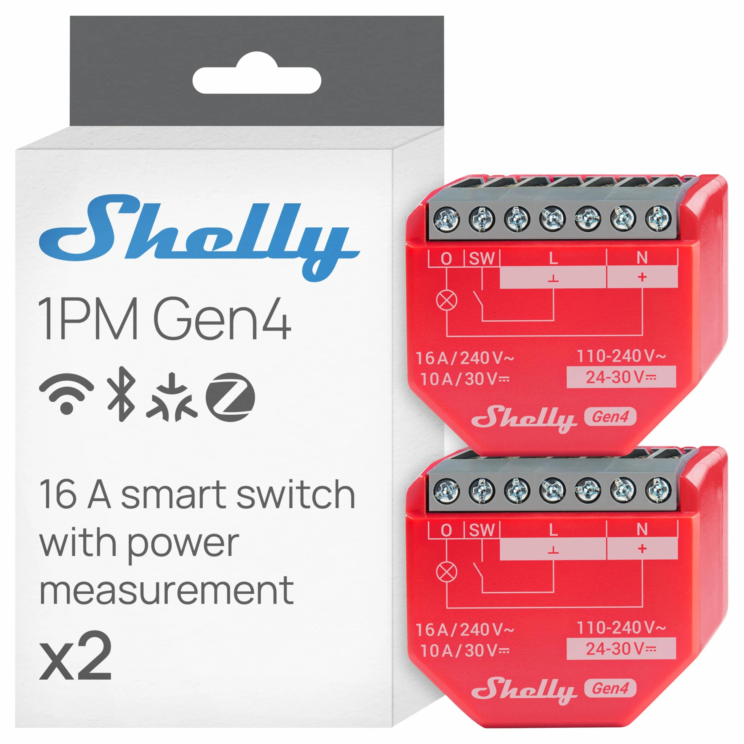 Shelly 1PM Gen4 Interrupteur Matter Zigbee Wi-Fi 1 Canal 16A Mesure Consommation Électrique Lot de 2