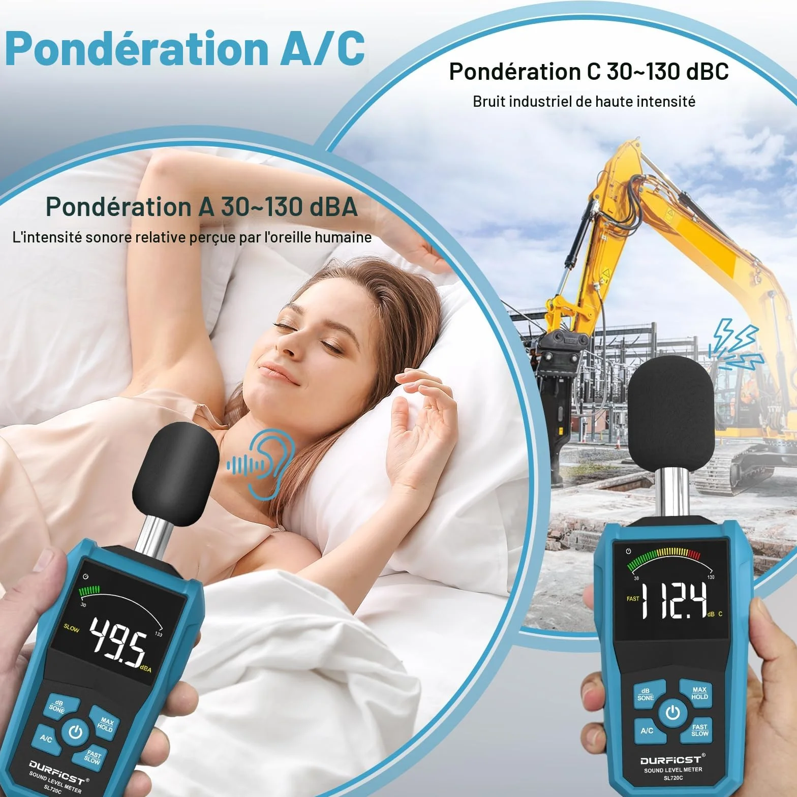 Sonomètre DURFICST Decibelmetre dB SONE Commutation Rapide Écran Couleur LCD Rétroéclairage Pondéré A/C