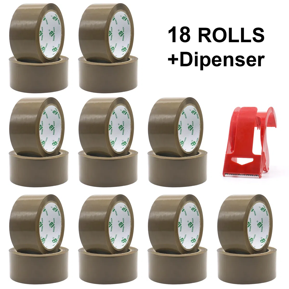 BOMEI PACK Ruban Adhésif Marron 66m x 48mm Lot de 18 Rouleaux avec Dérouleur