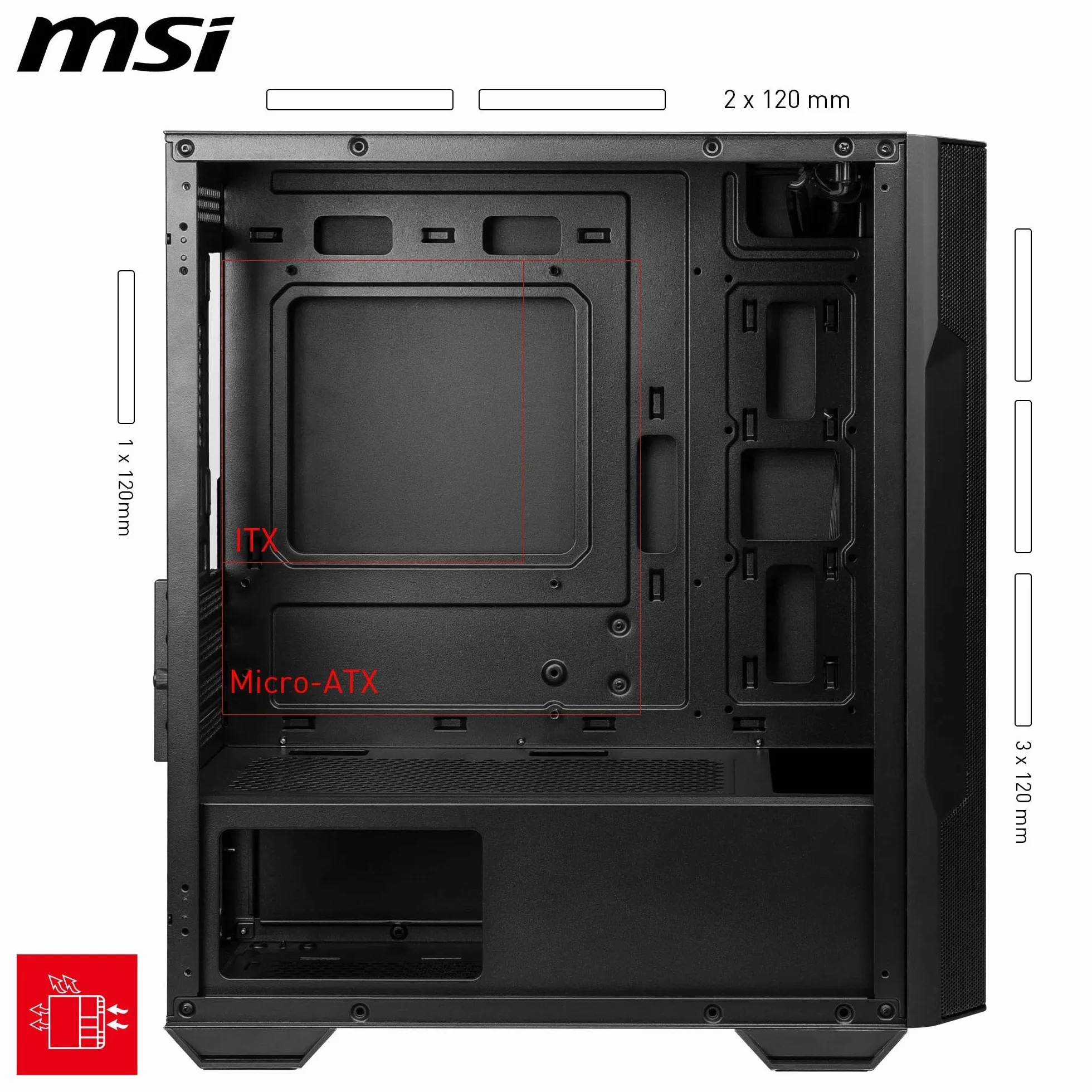 MSI MAG Forge M100A Boîtier PC Mini-Tour, Verre trempé, Micro-ATX/Mini-ITX, Panneau Avant Maille, 4 Ventilateurs Auto-RGB 120mm, Filtre Anti-poussière magnétique