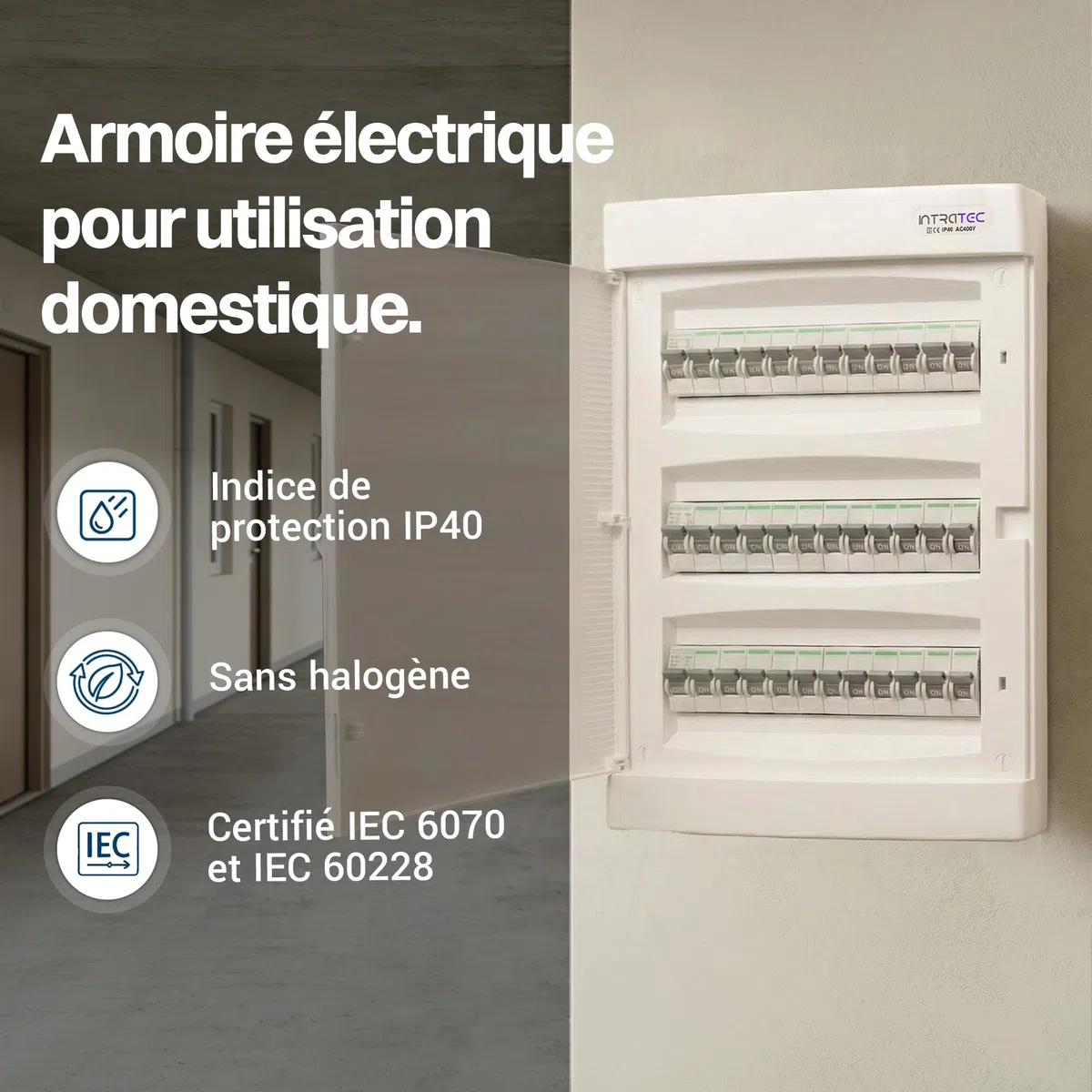 Intratec Coffret de Distribution Encastré IP40 36 Modules 3 Rangée 482 x 283 x 106mm