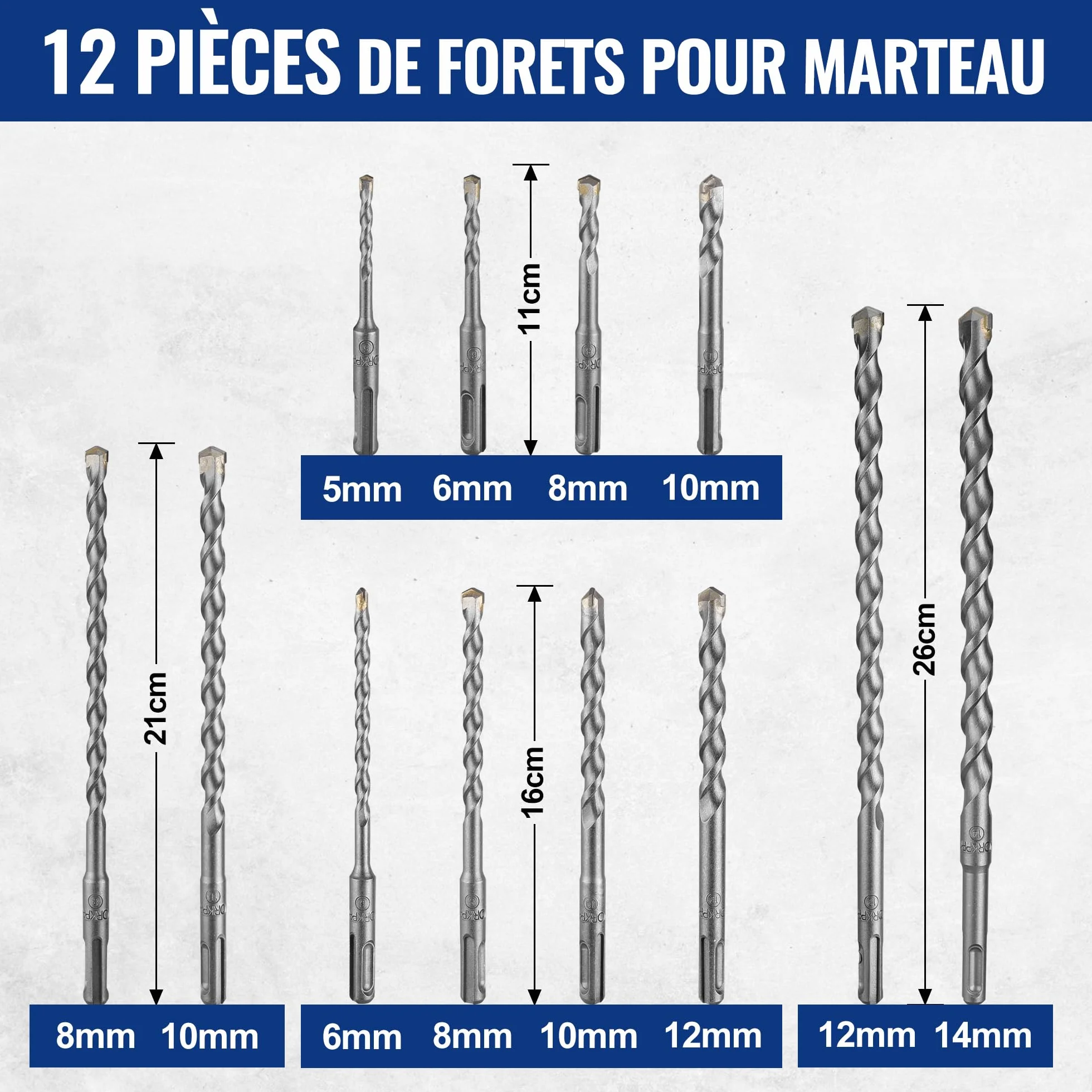 WORKPRO Jeu de Forets et Burins SDS Plus 17 Pièces, Forets à Béton avec Burins Pointus et Plats pour Maçonnerie
