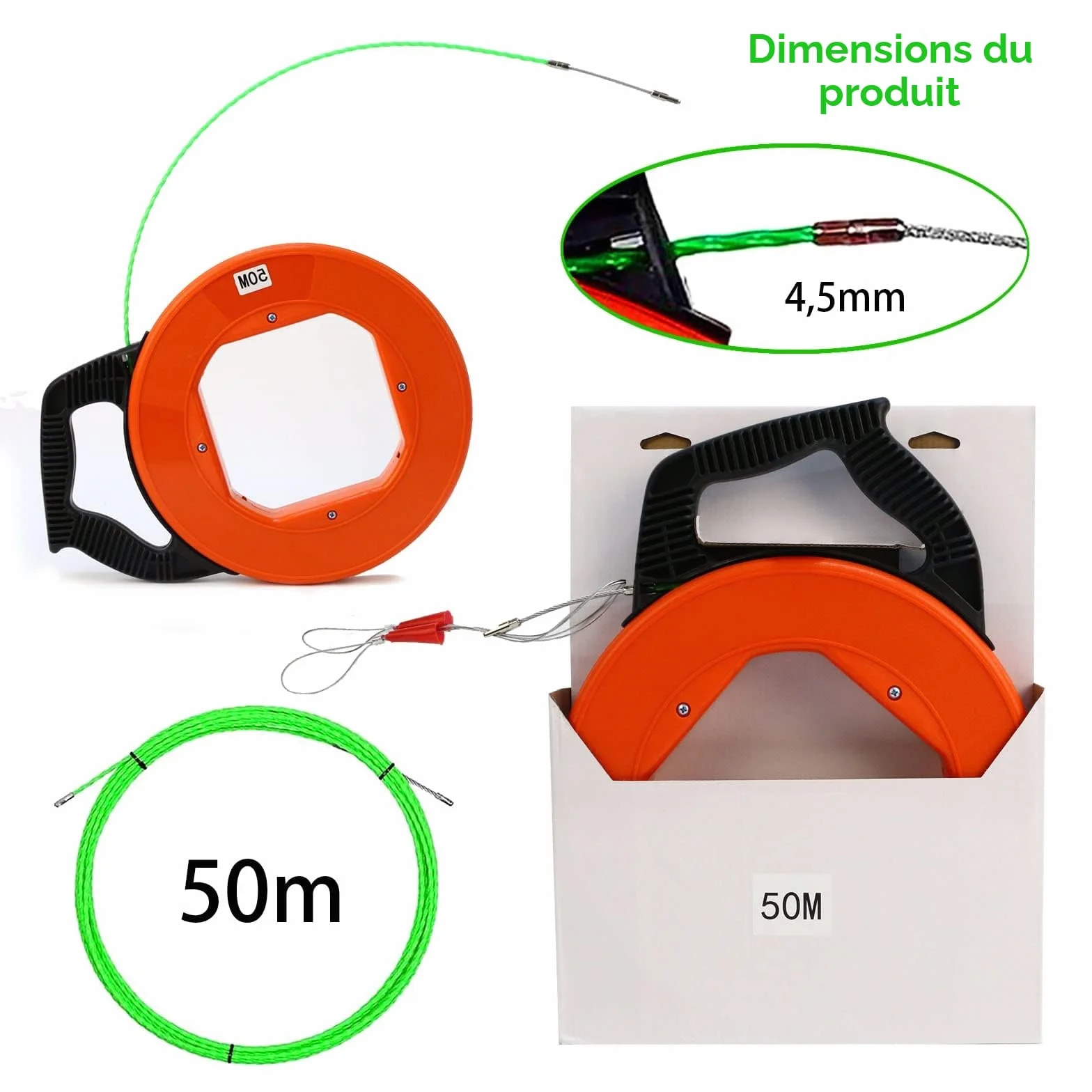 Aiguille Electricien Tire Fil Acier 50m 4,5mm avec 2 Ressorts de Guidage