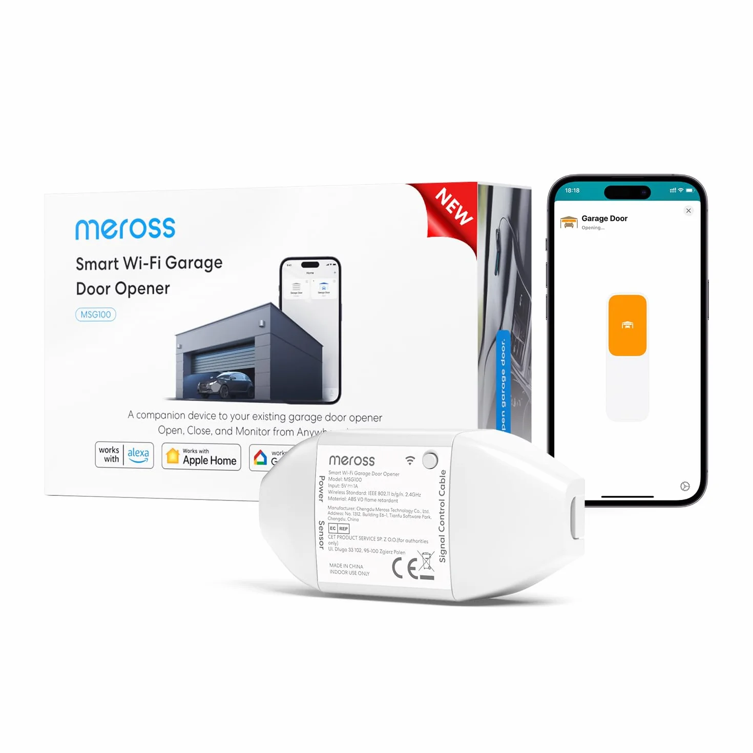 Meross Ouvre-Porte de Garage Connecté WiFi Universel Compatible CarPlay Apple HomeKit Siri Alexa Google Notification Contrôle Vocal Fermeture Automatique Minuteur