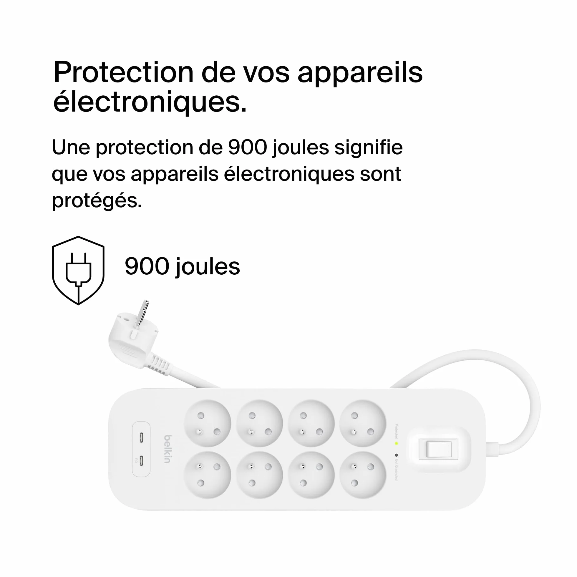 Belkin Multiprise parafoudre USB 8 prises 2 ports USB-C recharge rapide PD 900 joules