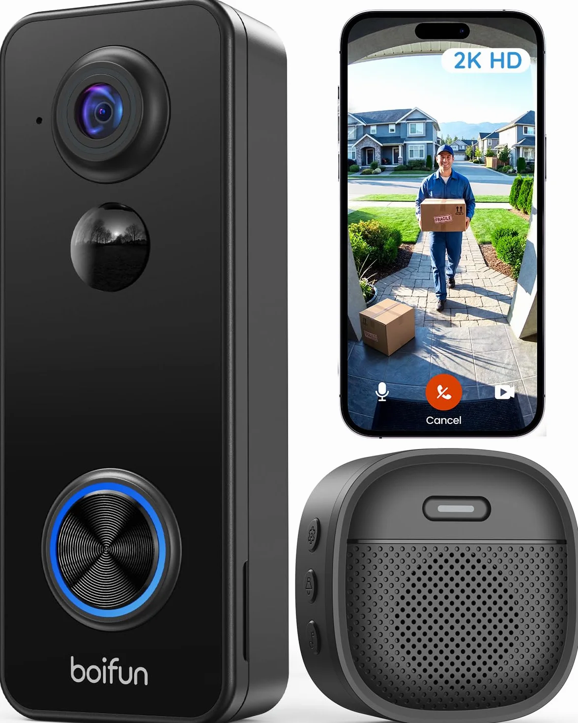 BOIFUN 2K 3MP Sonnette sans Fil Exterieur IP65 Etanche Vue Panoramique 180° Détection IA Compatible Alexa Wi-Fi 2,4 GHz