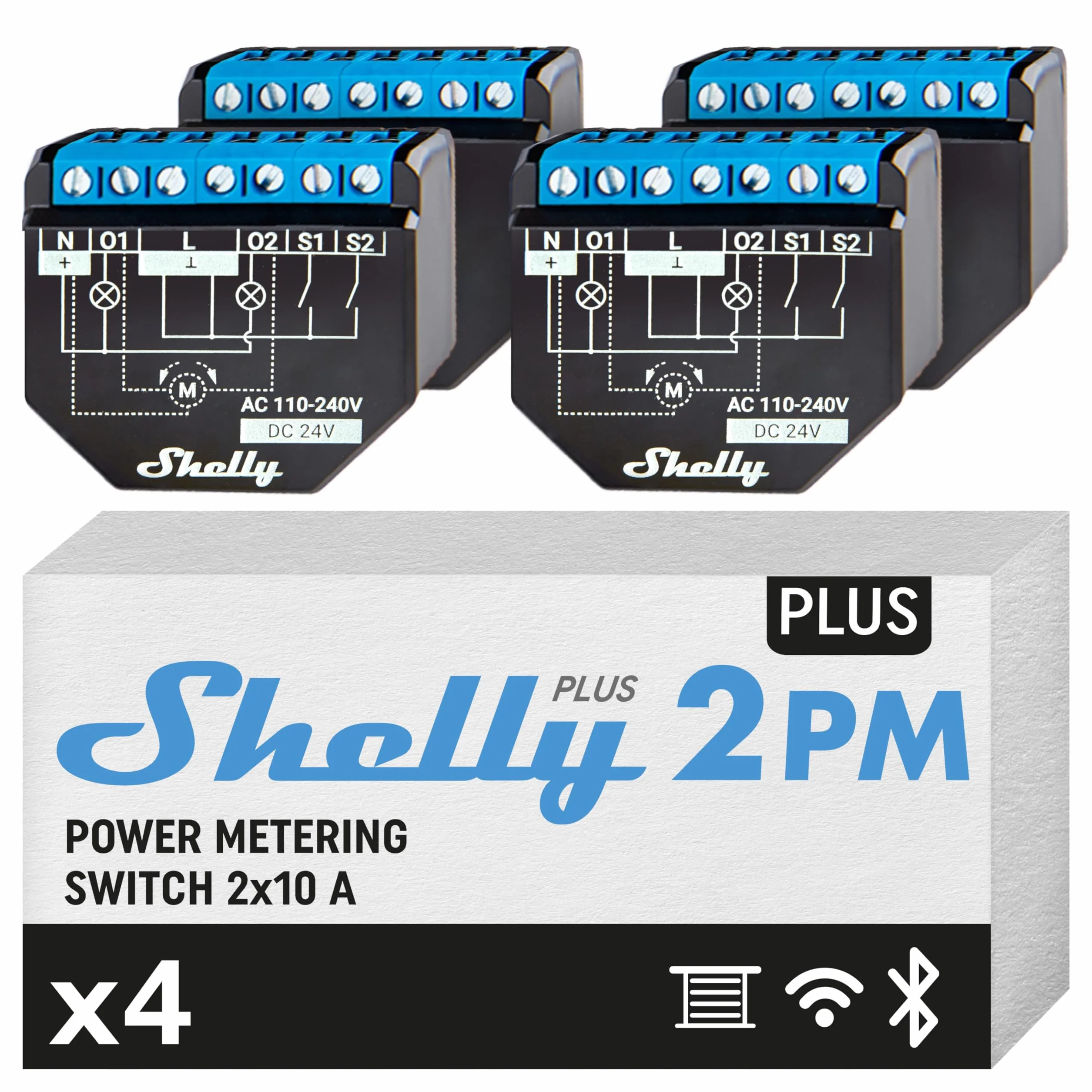 Shelly Plus 2PM Interrupteur volet roulant connecté Wi-Fi 2 Canaux 16A Compteur d'énergie Lot de 4