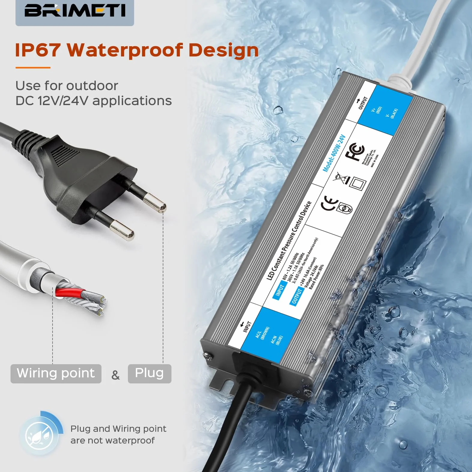 Transformateur 220V à 24V 400W DC LED Driver IP67 Étanche Extérieur 16.6A