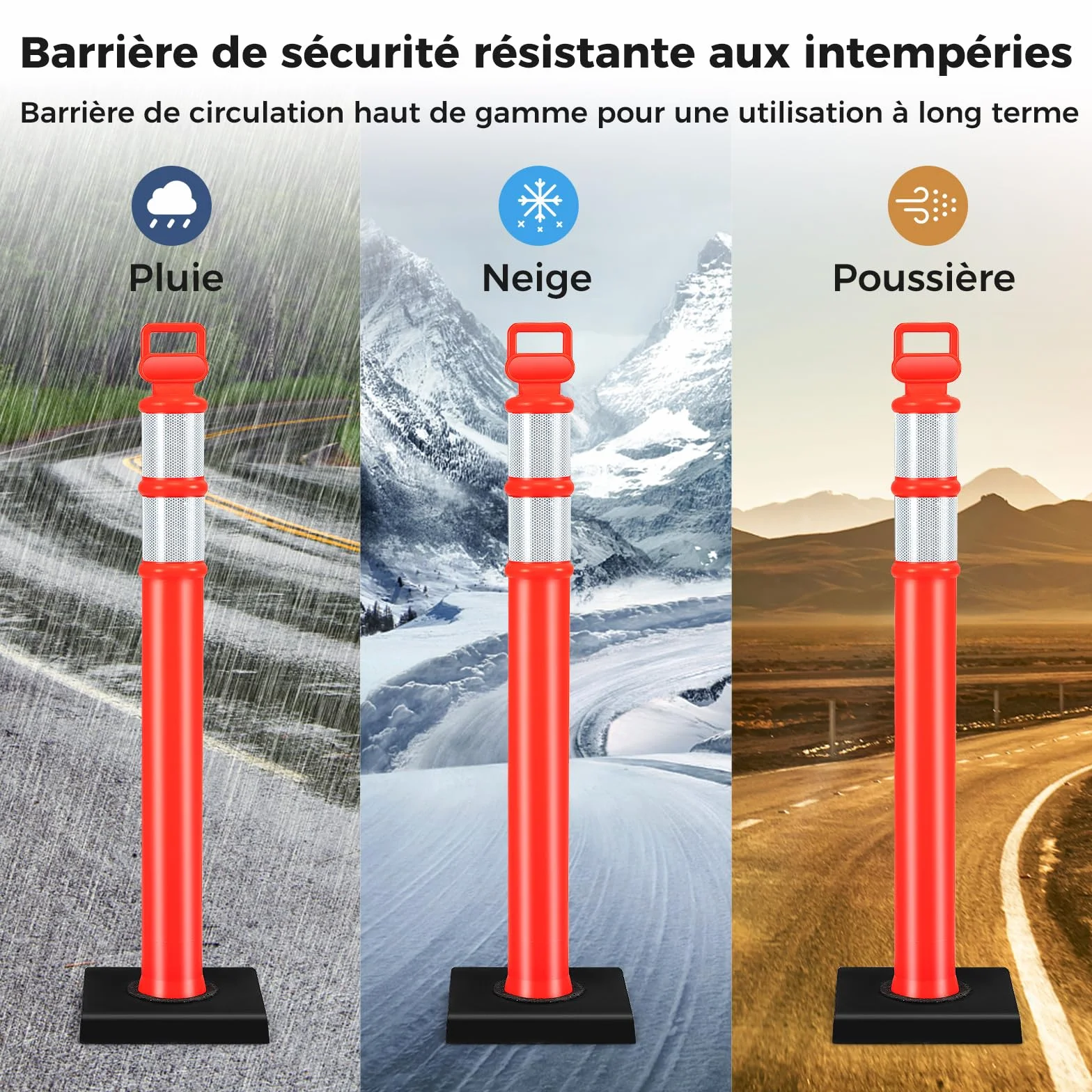COSTWAY Poteau de Signalisation 3 Pcs Base en Caoutchouc 114,5 CM, Barrière de Sécurité Rouge Vif
