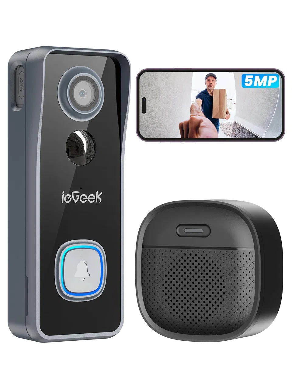 ieGeek 2,5K 5MP Sonnette sans Fil Exterieur Etanche, 166° Sonnette Vidéo Compatible Alexa, IP65, Vision Nocturne, WiFi 2,4 GHz