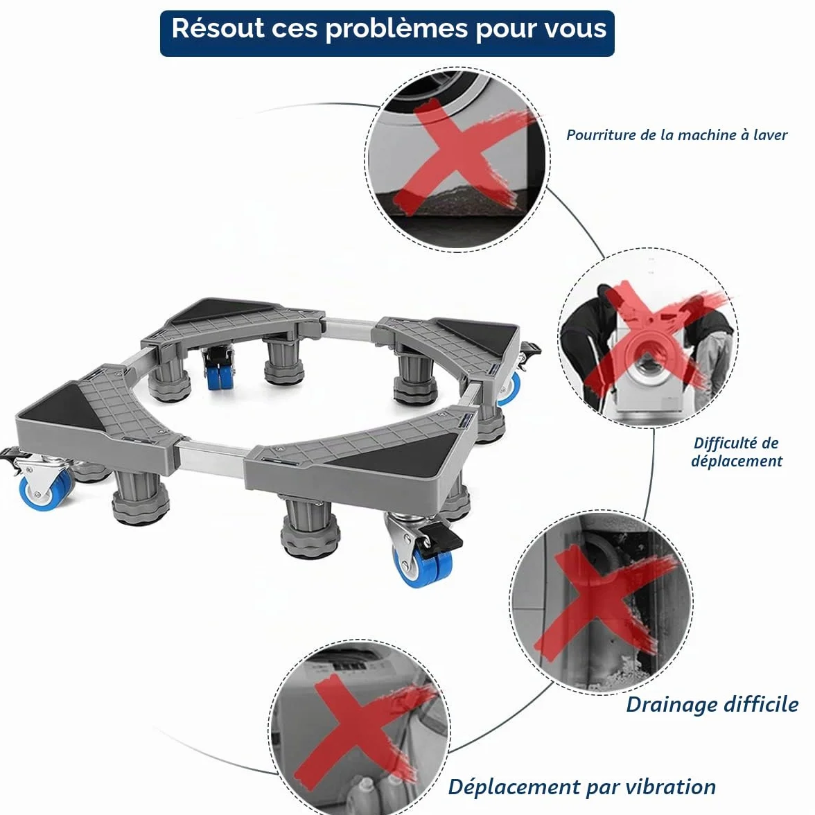 Base de Réfrigérateur Machine à Laver Réglable 41.5cm-65cm Socle avec 4 Roues