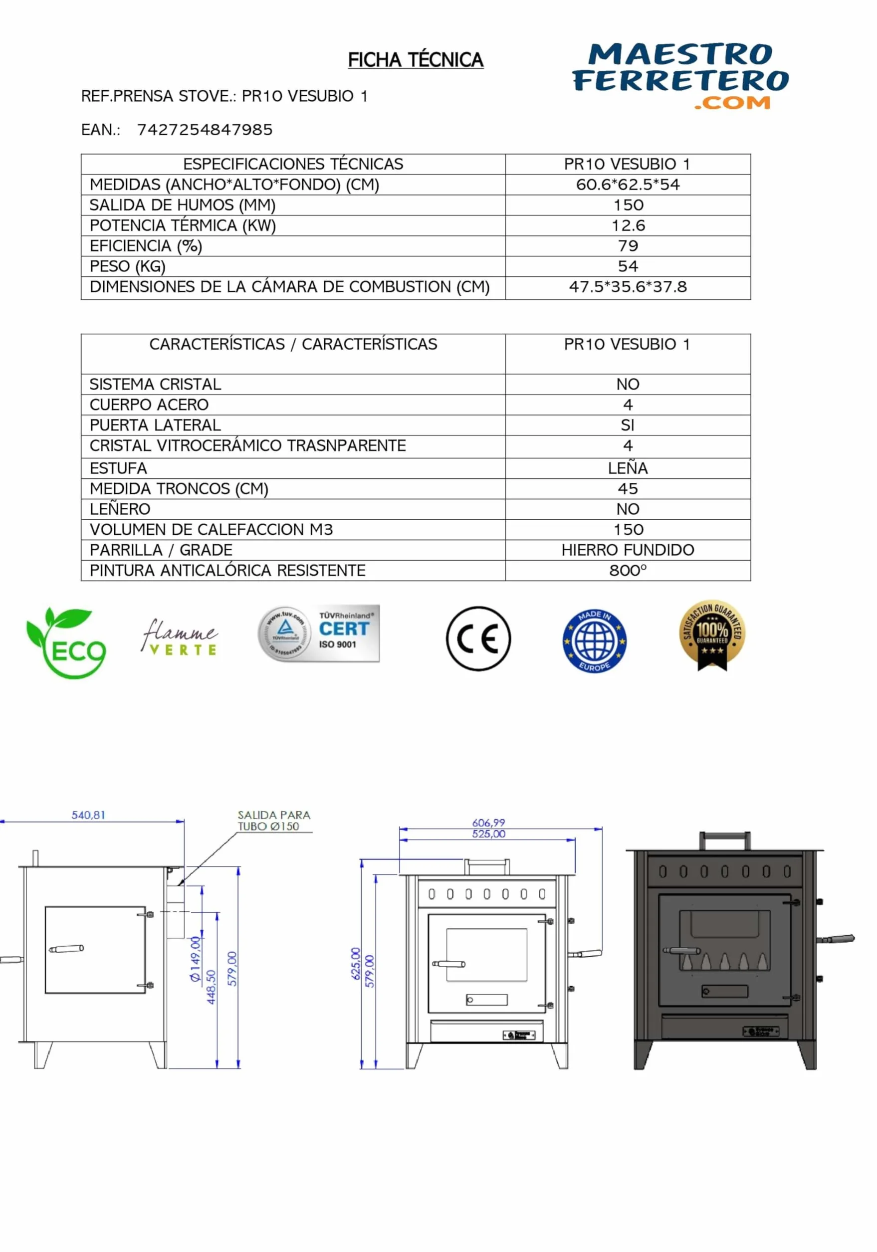 Poêle à Bois VESUBIO 1 12,6 KW Acier 4 mm ECODESIGN 2022