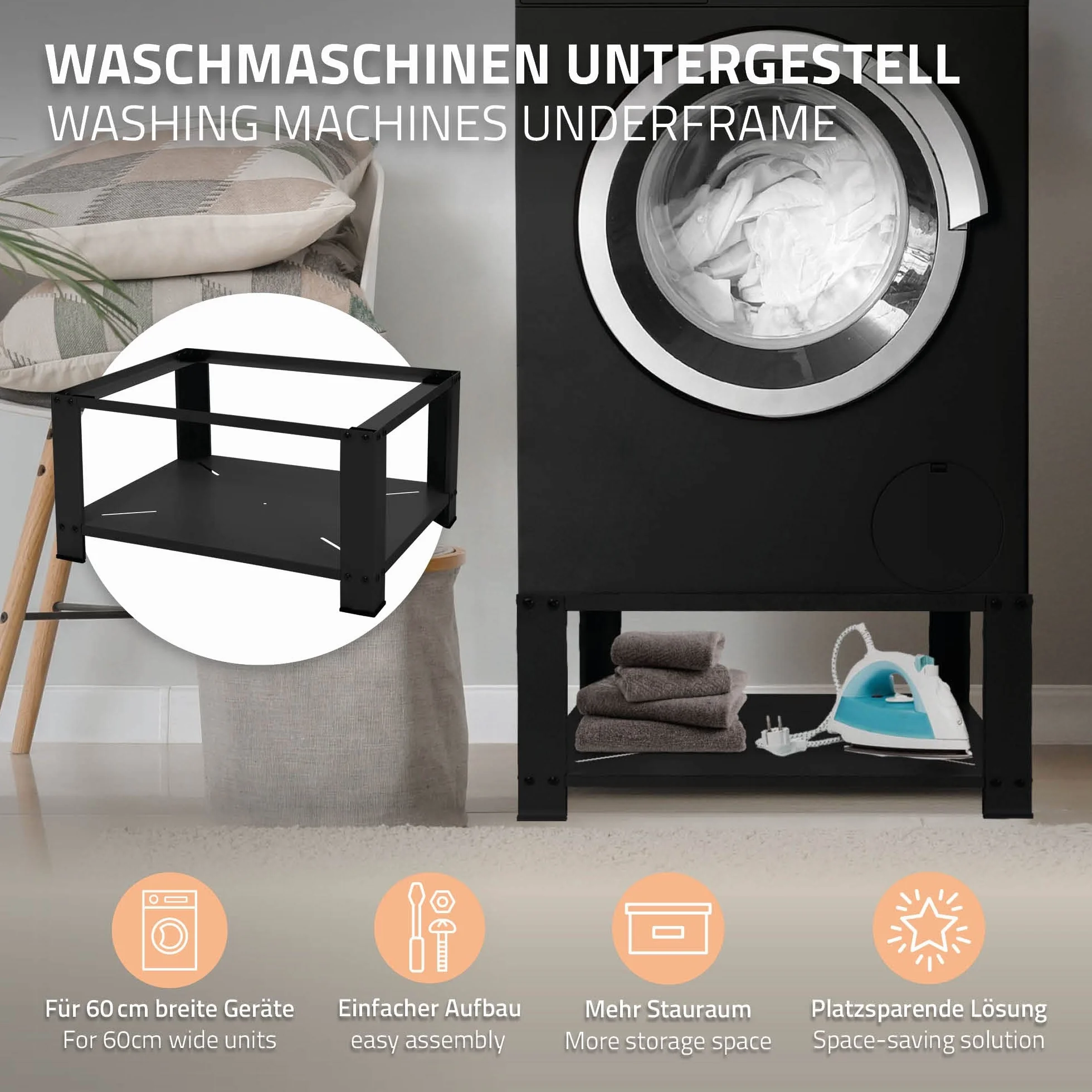 Socle pour Machine à Laver ML-Design Acier Noir 63x54 cm 150 kg Support Lave-Linge Pieds Antidérapants