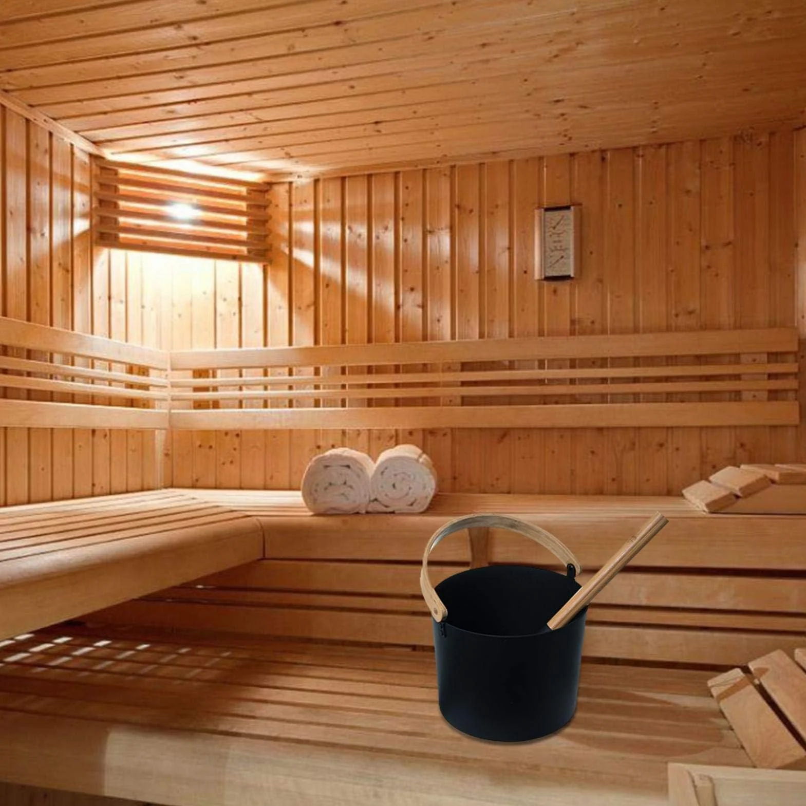 Seau de Sauna en Aluminium avec Manche Long Bois 7 L, Noir