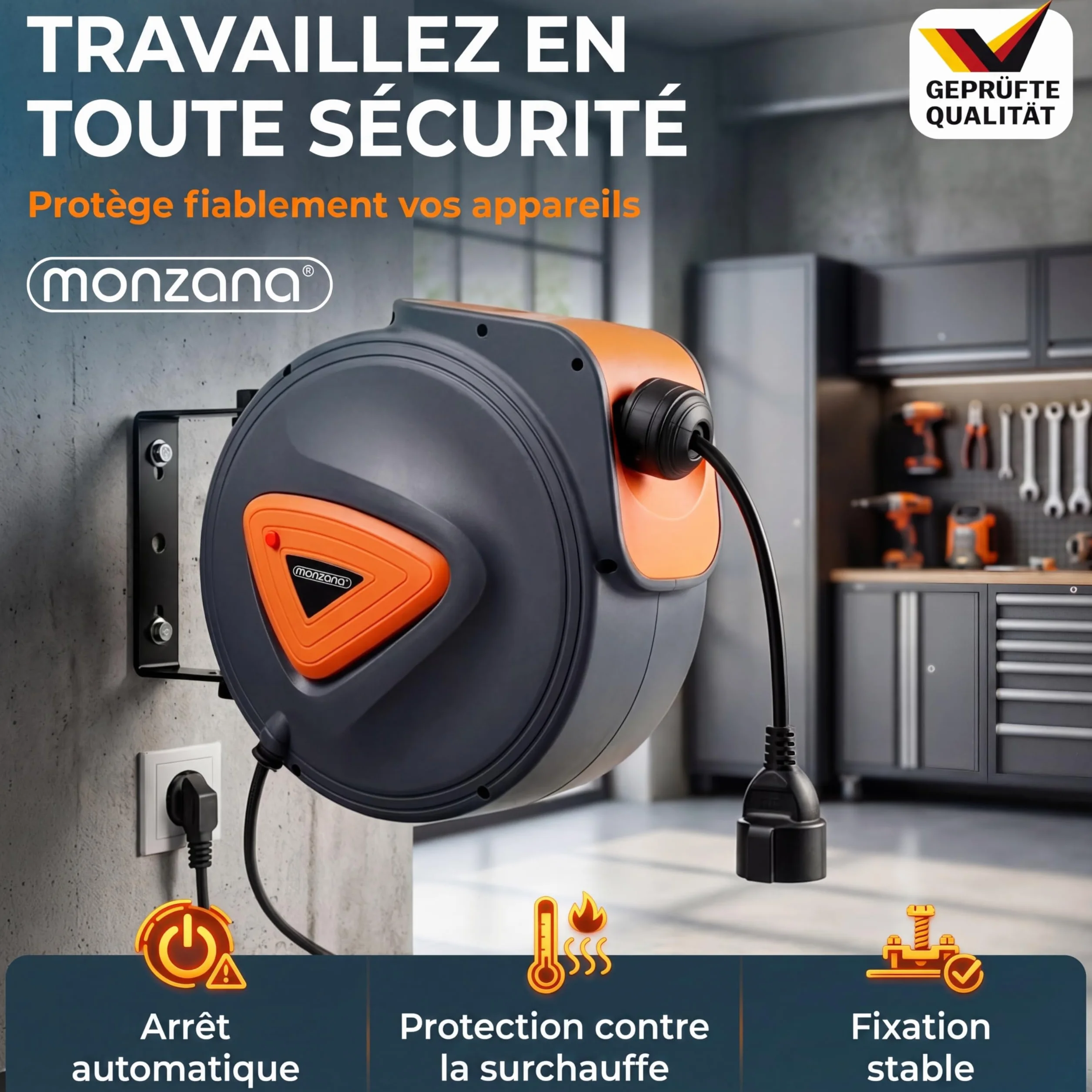 MONZANA Enrouleur Electrique Mural 20 M Support Pivotant 180° Automatique Compact